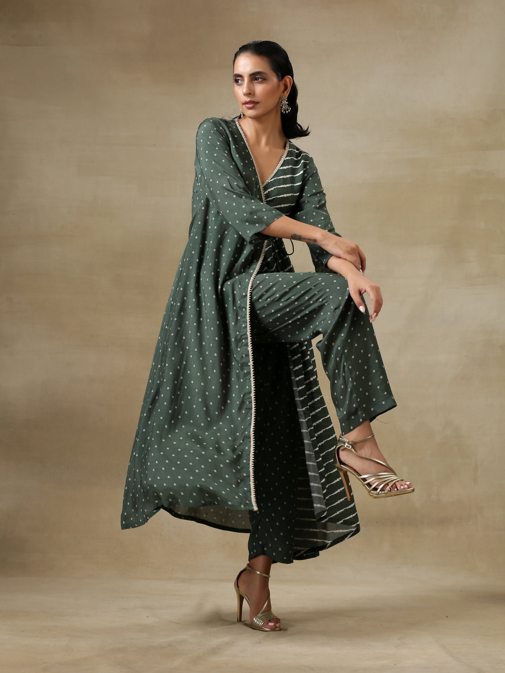 trueBrowns Dark Green Bandhani Printed Silk Angrakha Kurta Pant Set