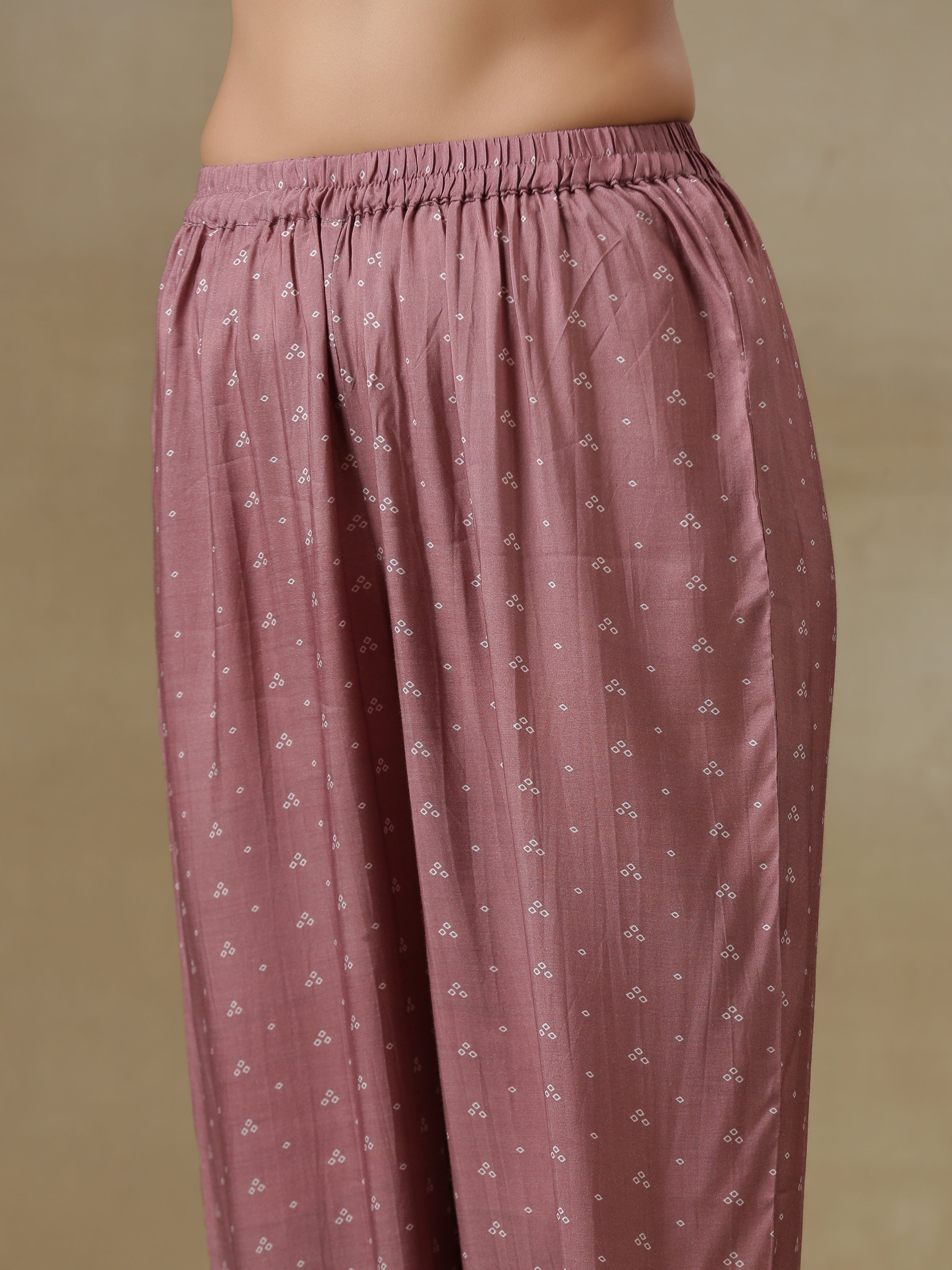 trueBrowns Dark Mauve Bandhani Printed Silk Front Slit Kurta Pant Set
