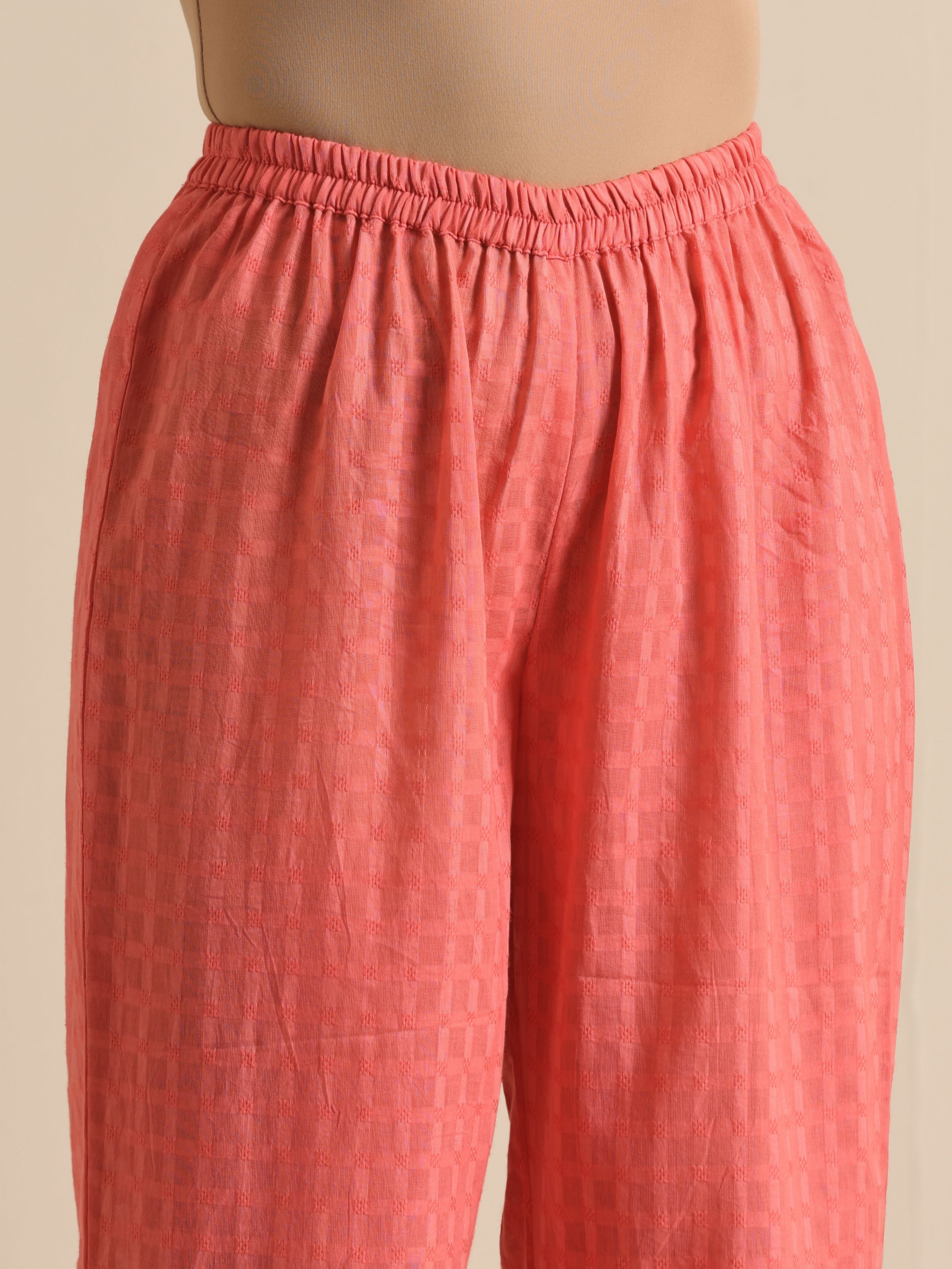 trueBrowns Bright Pink Dobby Angrakha Kurta Pant Set