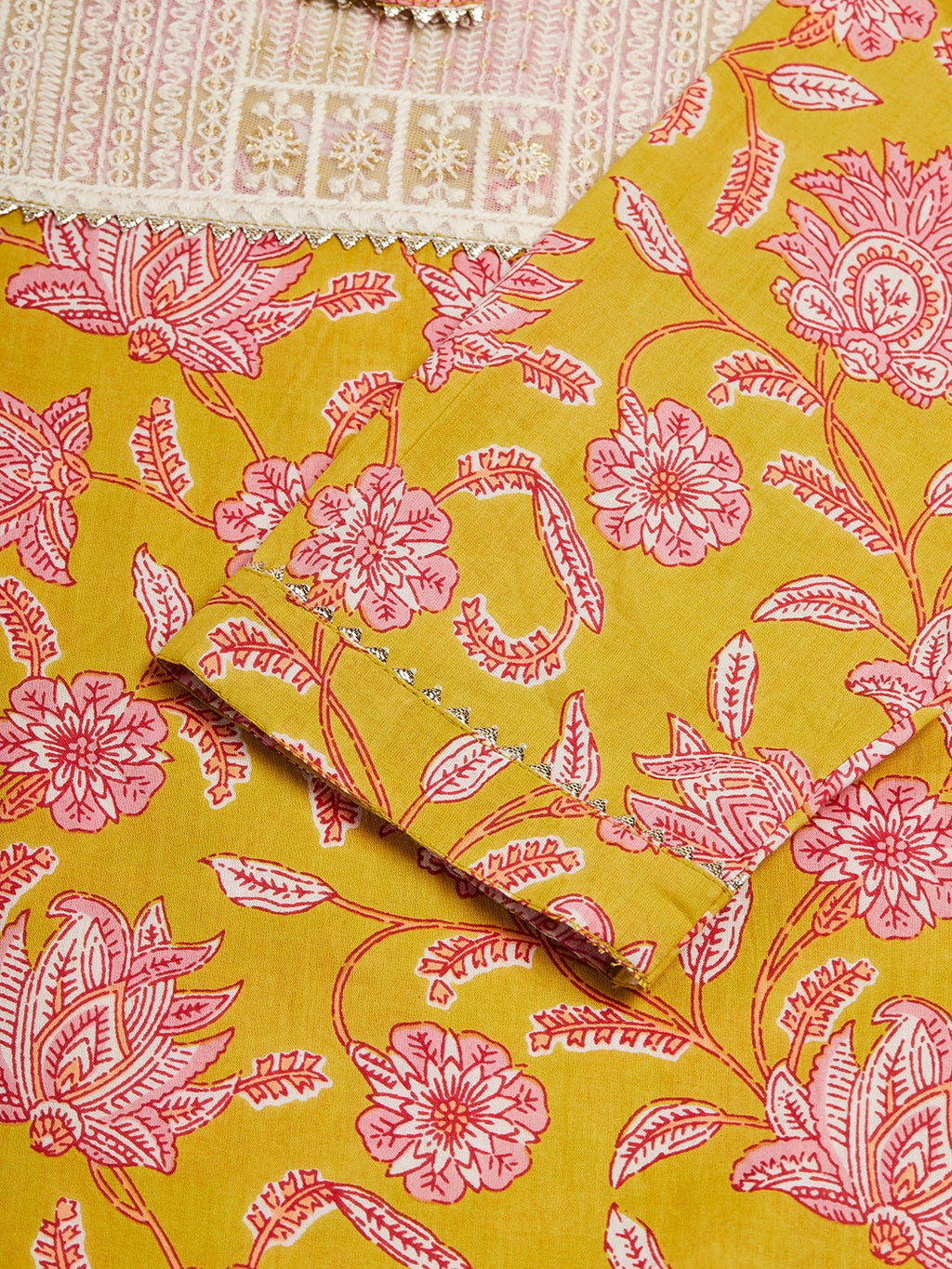 InWeave Women's Lime Pink Print Patch Cotton Straight Kurta