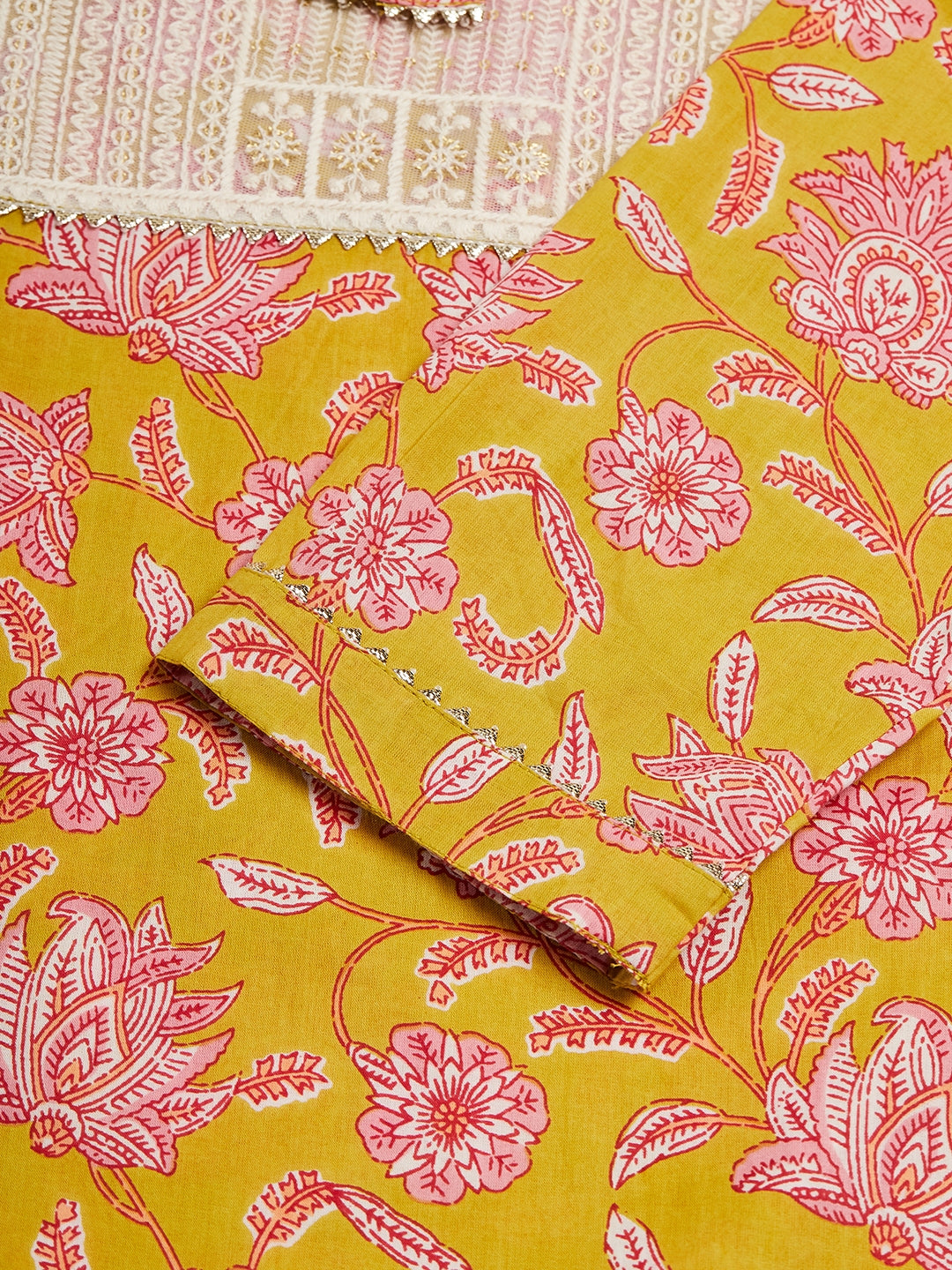 InWeave Women's Lime Pink Print Patch Cotton Straight Kurta
