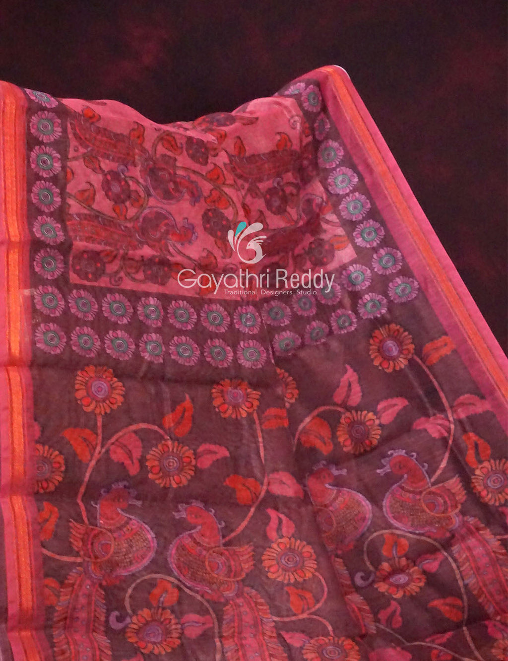 Combination Of Tomato Pink And Rust Mix With Kalamkari Design Semi Chanderi Saree By Gayathri Reddy Designer Studio