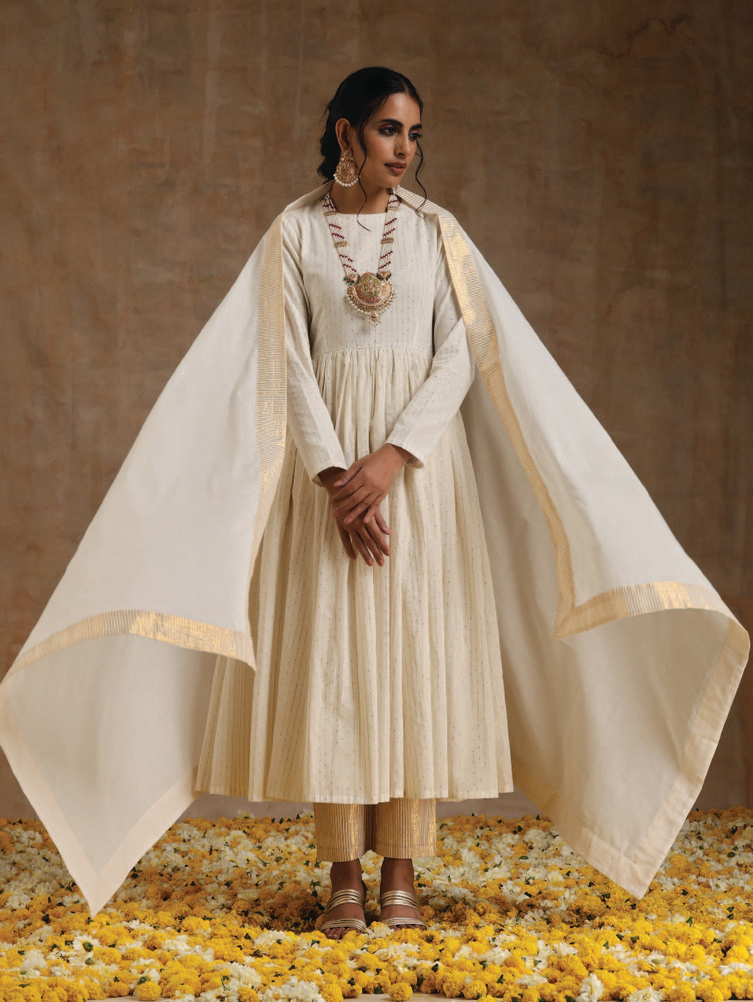 trueBrowns Ivory Gold Cotton Anarkali Set