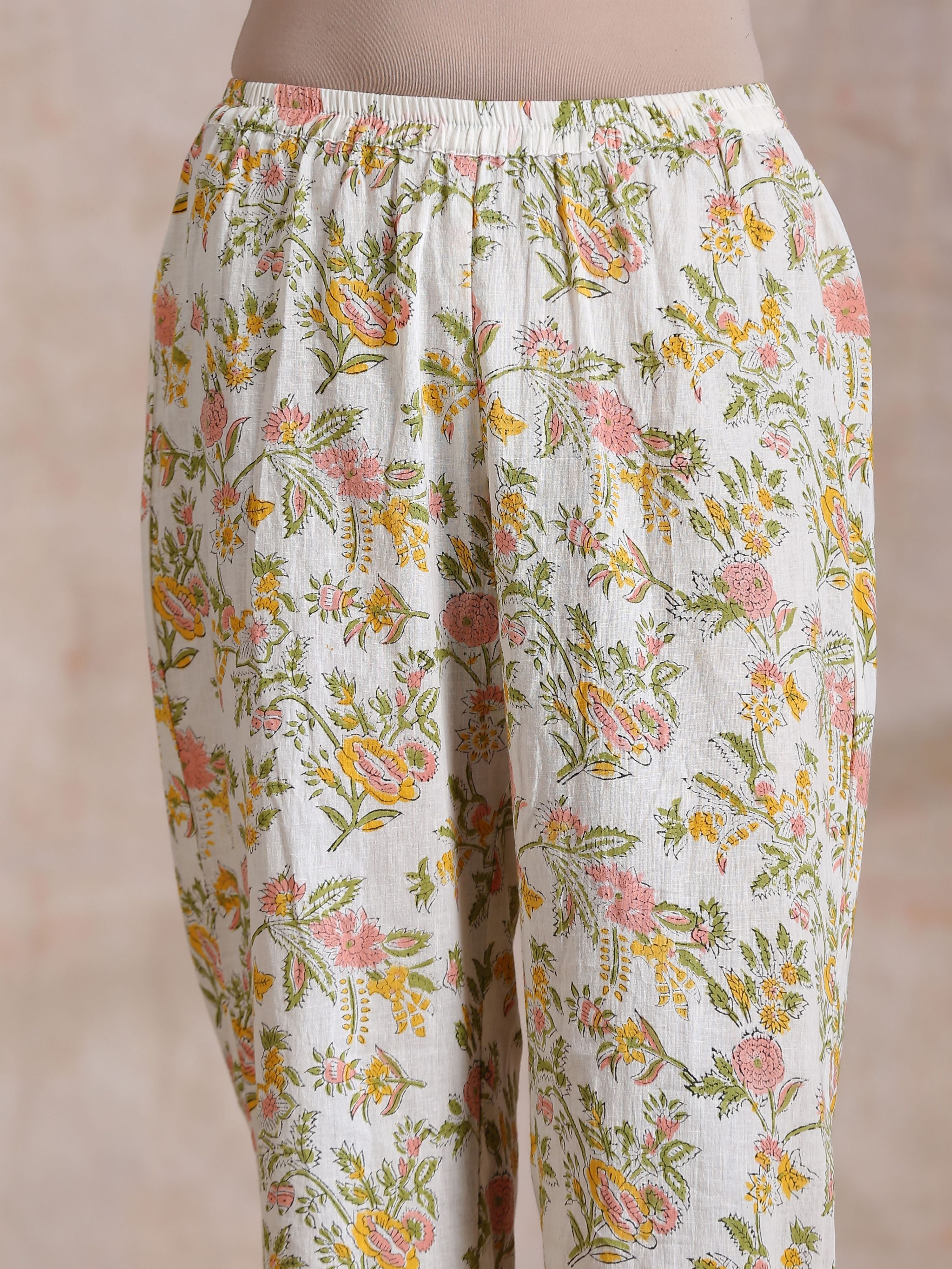 trueBrowns Pink Yellow Floral On White Block Print Cotton Panel Kaftan Kurta Pant Set
