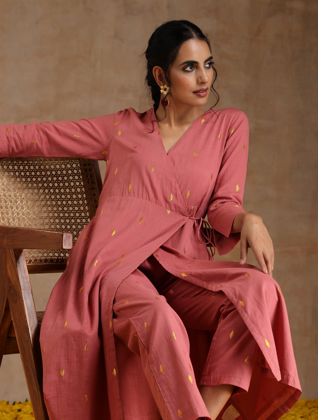 trueBrowns Blush Gold Cotton Angrakha Kurta Set