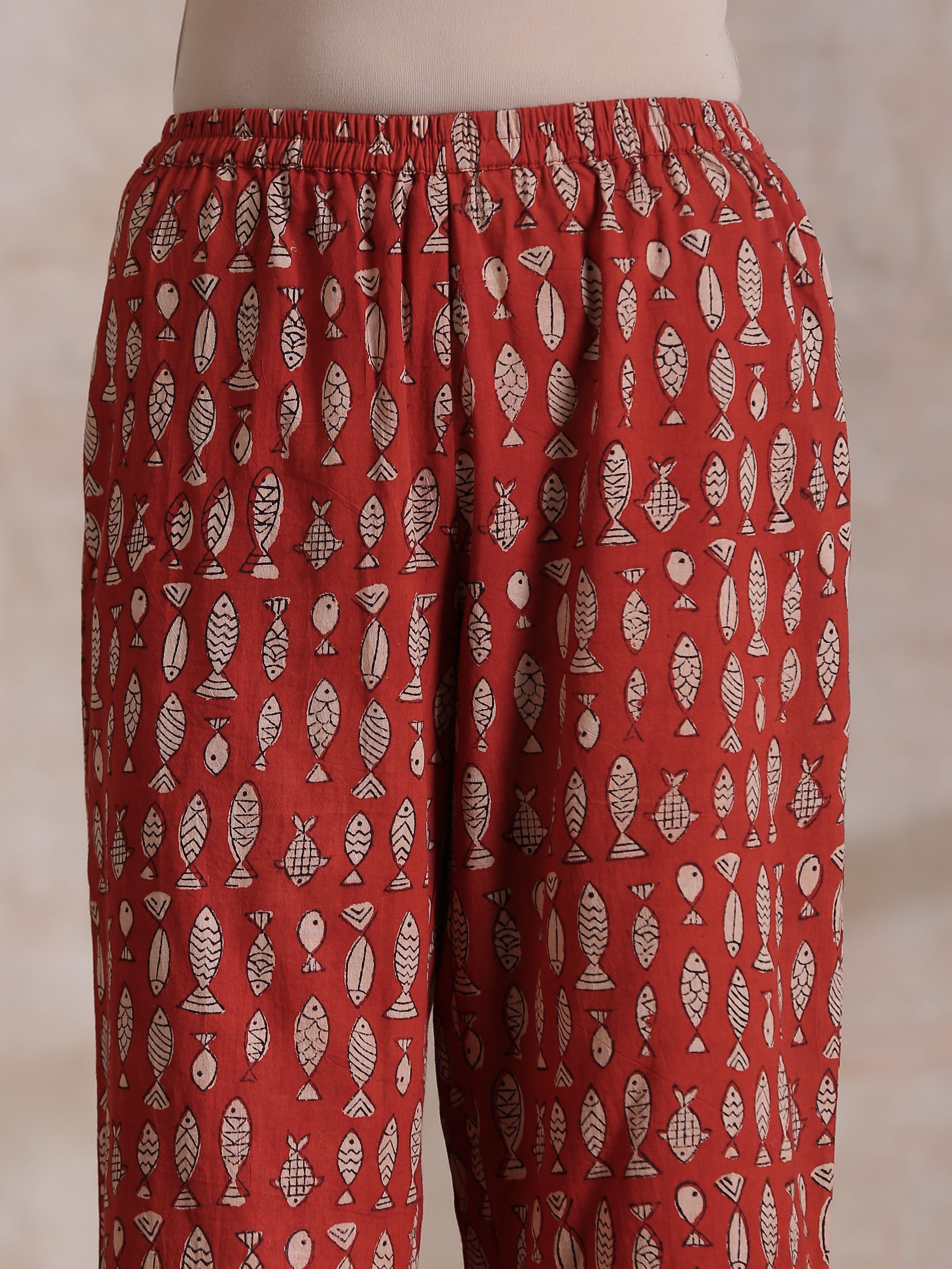 trueBrowns Rust Red Bagru Fish Print Cotton Gathers Co-Ord Set