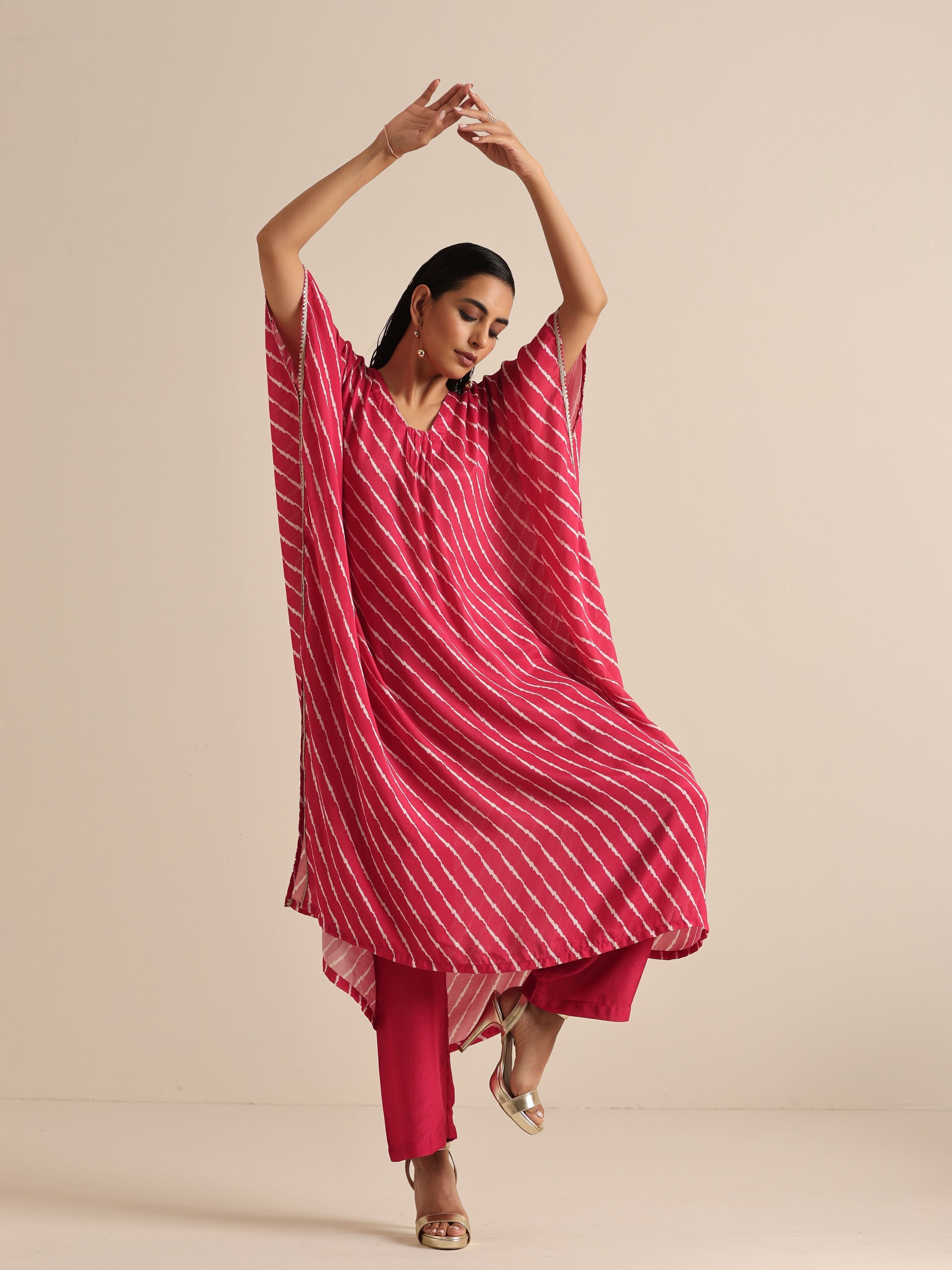 trueBrowns Pink Lehariya Printed Silk Kaftan Pant Set
