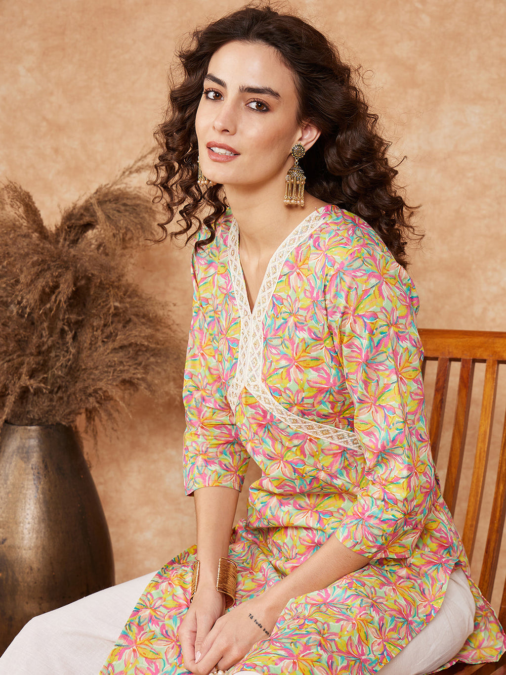 InWeave Women's Multi Floral Painted Alia Lace Work Straight Kurta
