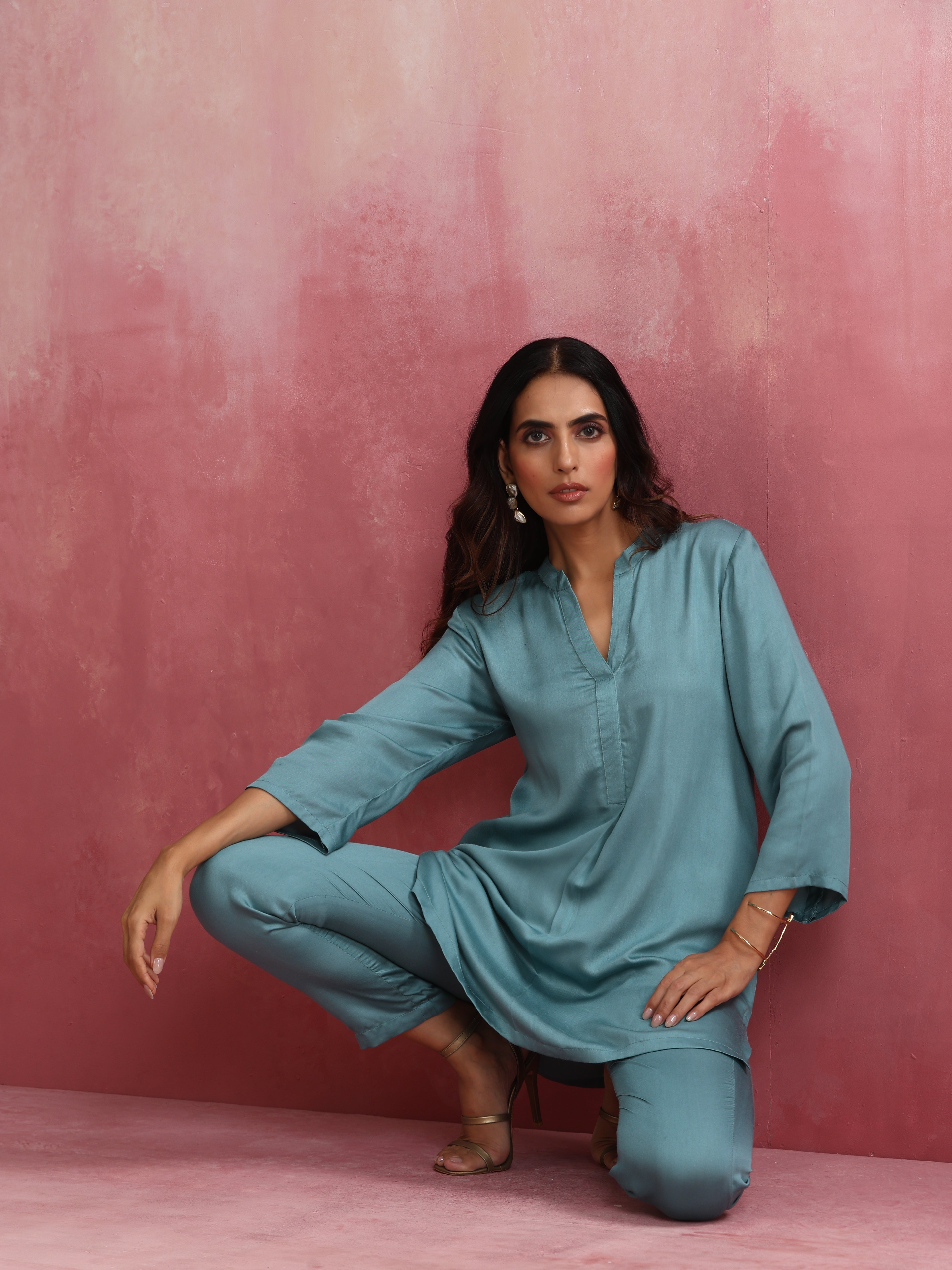 trueBrowns Light Blue Modal Straight Kurta Co-ord Set