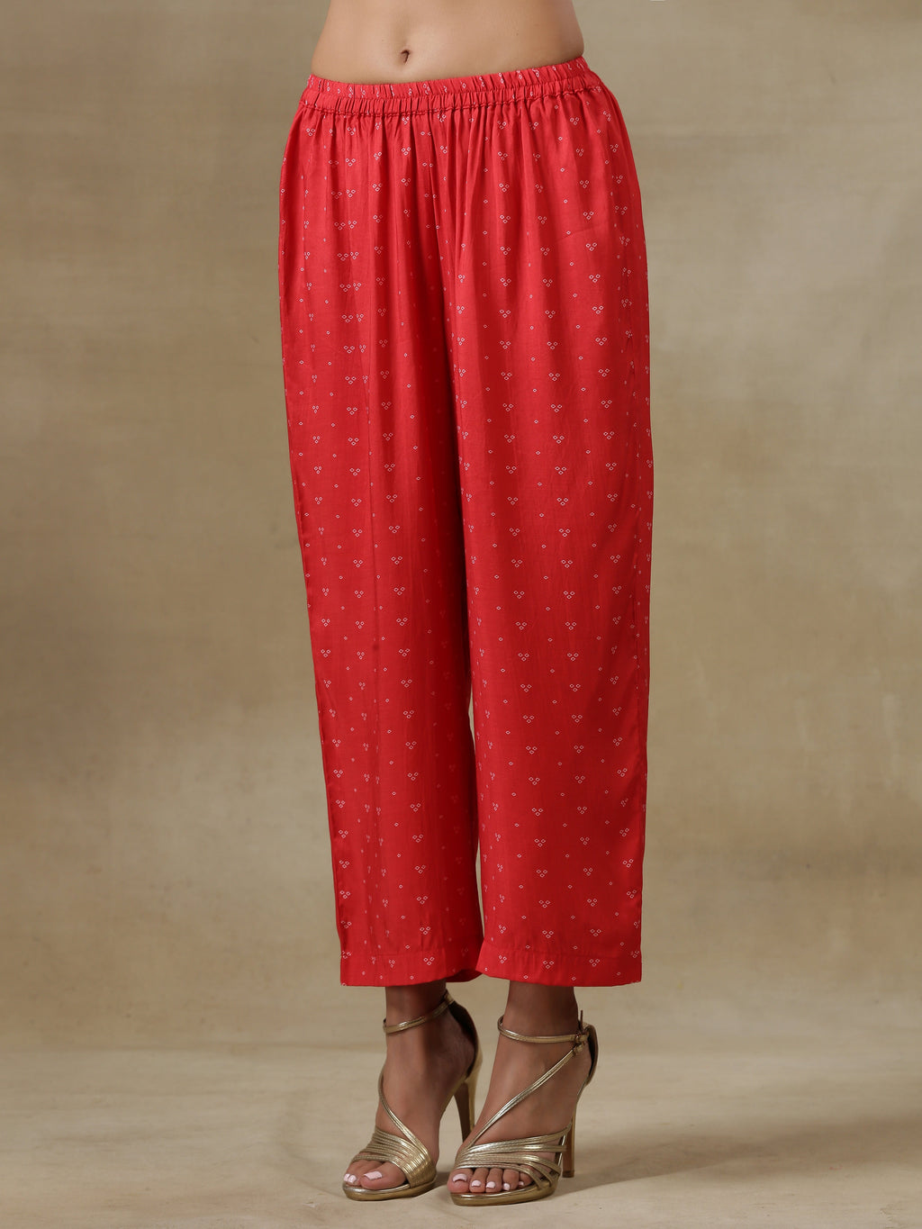 trueBrowns Red Bandhani Printed Silk Kaftan Gathered Co-Ord Set