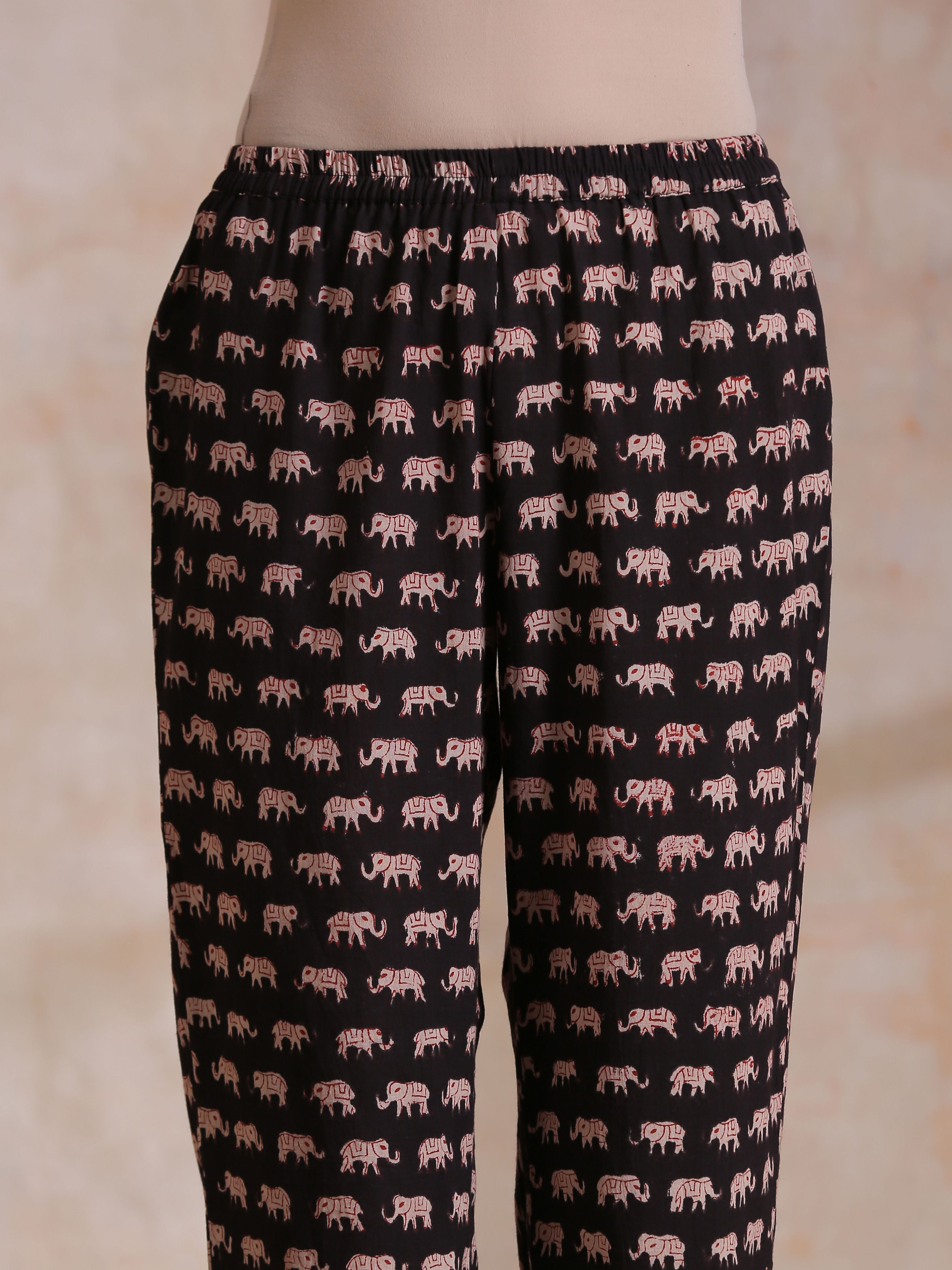 trueBrowns Black Elephant Bagru Print Cotton Kaftan Co-Ord Set