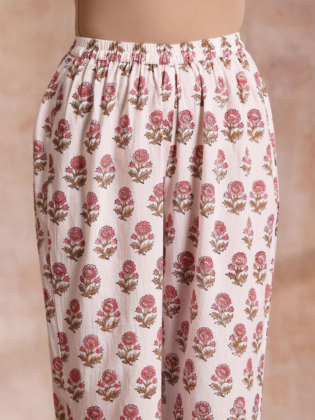 trueBrowns Pink Brown Buta On White Block Print Cotton Baggy Sleeve Co-Ord Set