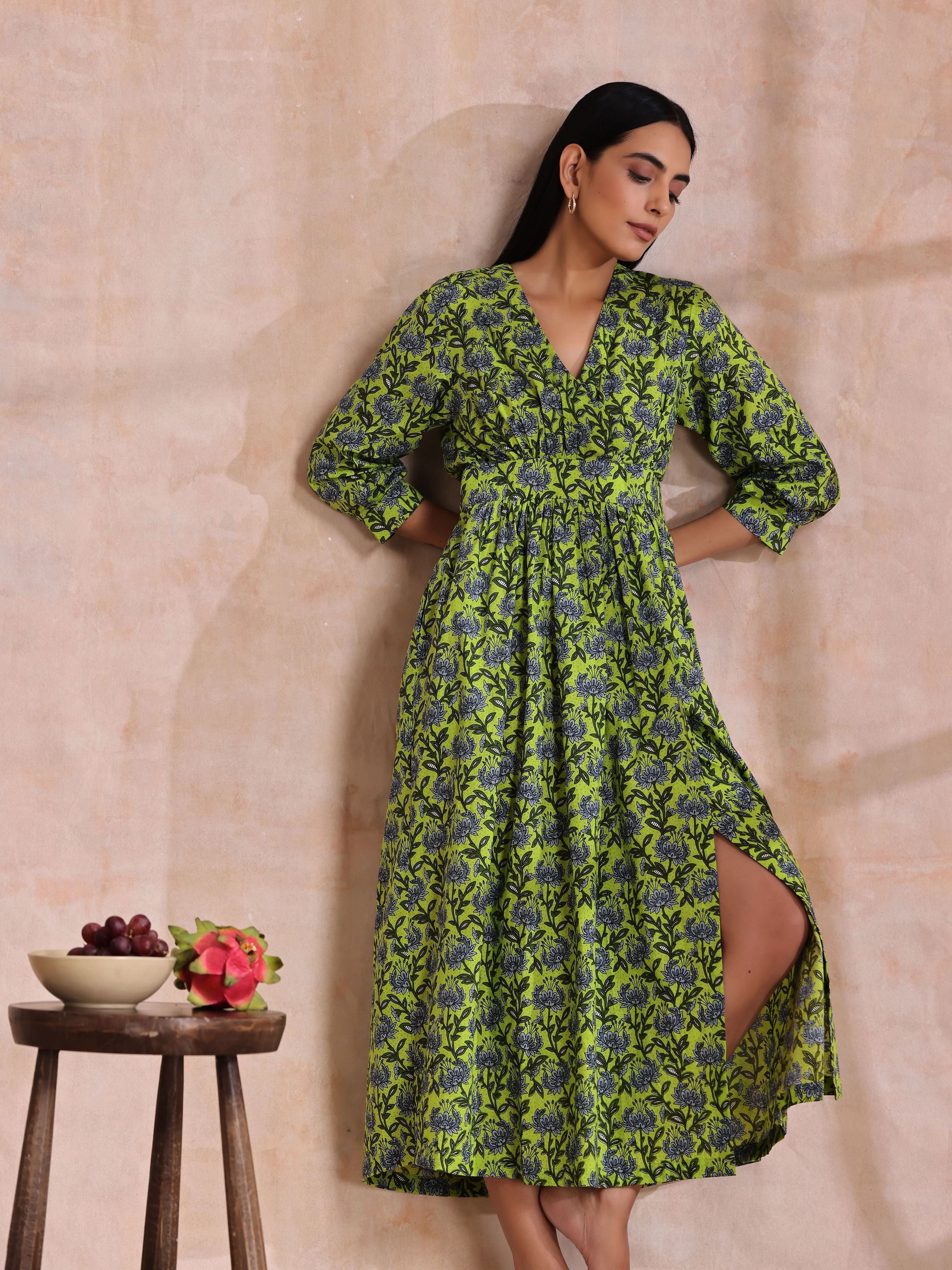 trueBrowns Lime Green Overall Blue Floral Block Print Cotton Wrap Dress