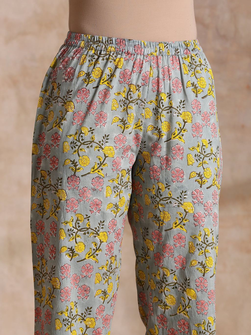 trueBrowns Grey Overall Floral Block Print Cotton Angrakha Kurta Pant Set