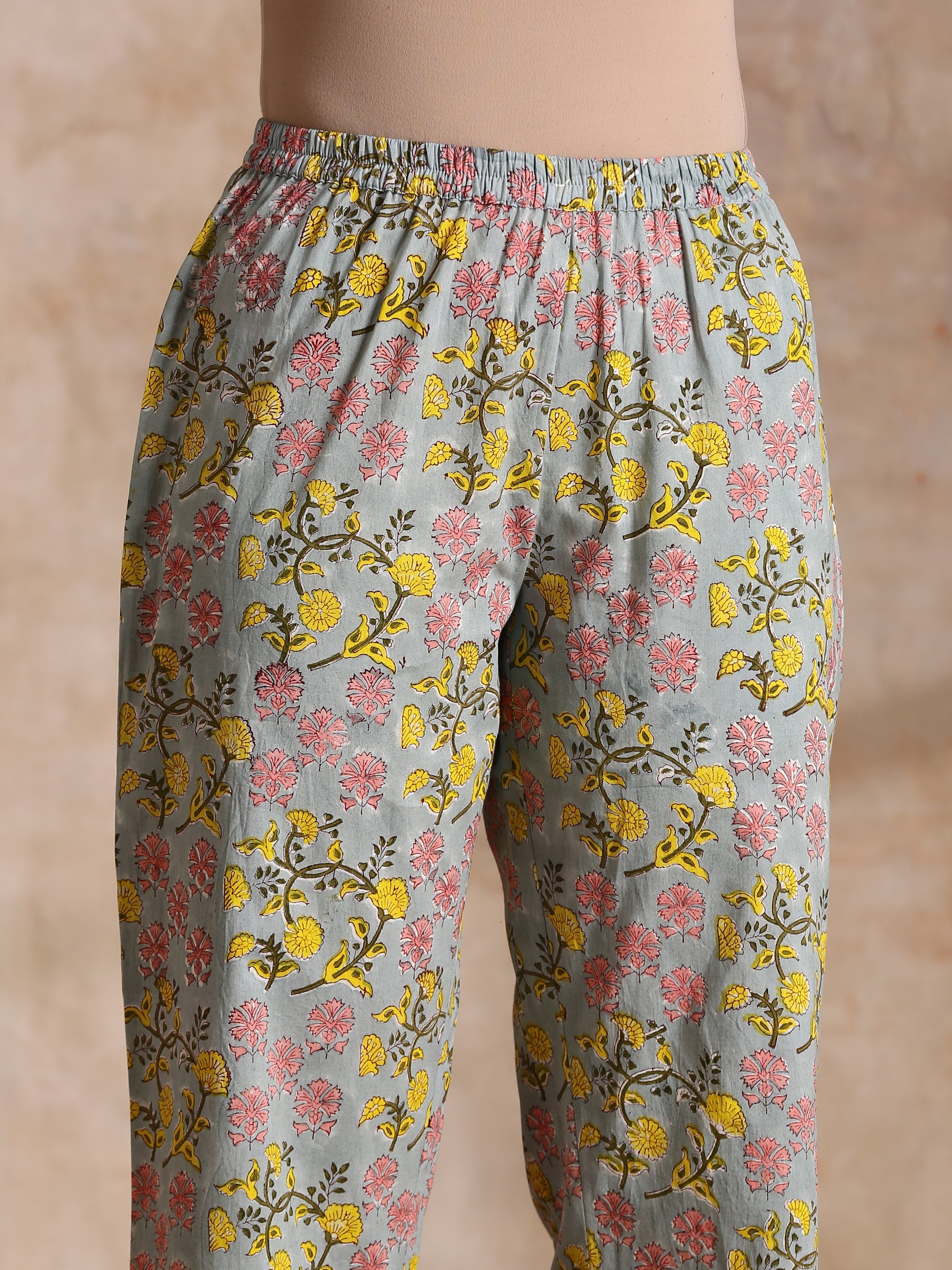 trueBrowns Grey Overall Floral Block Print Cotton Angrakha Kurta Pant Set