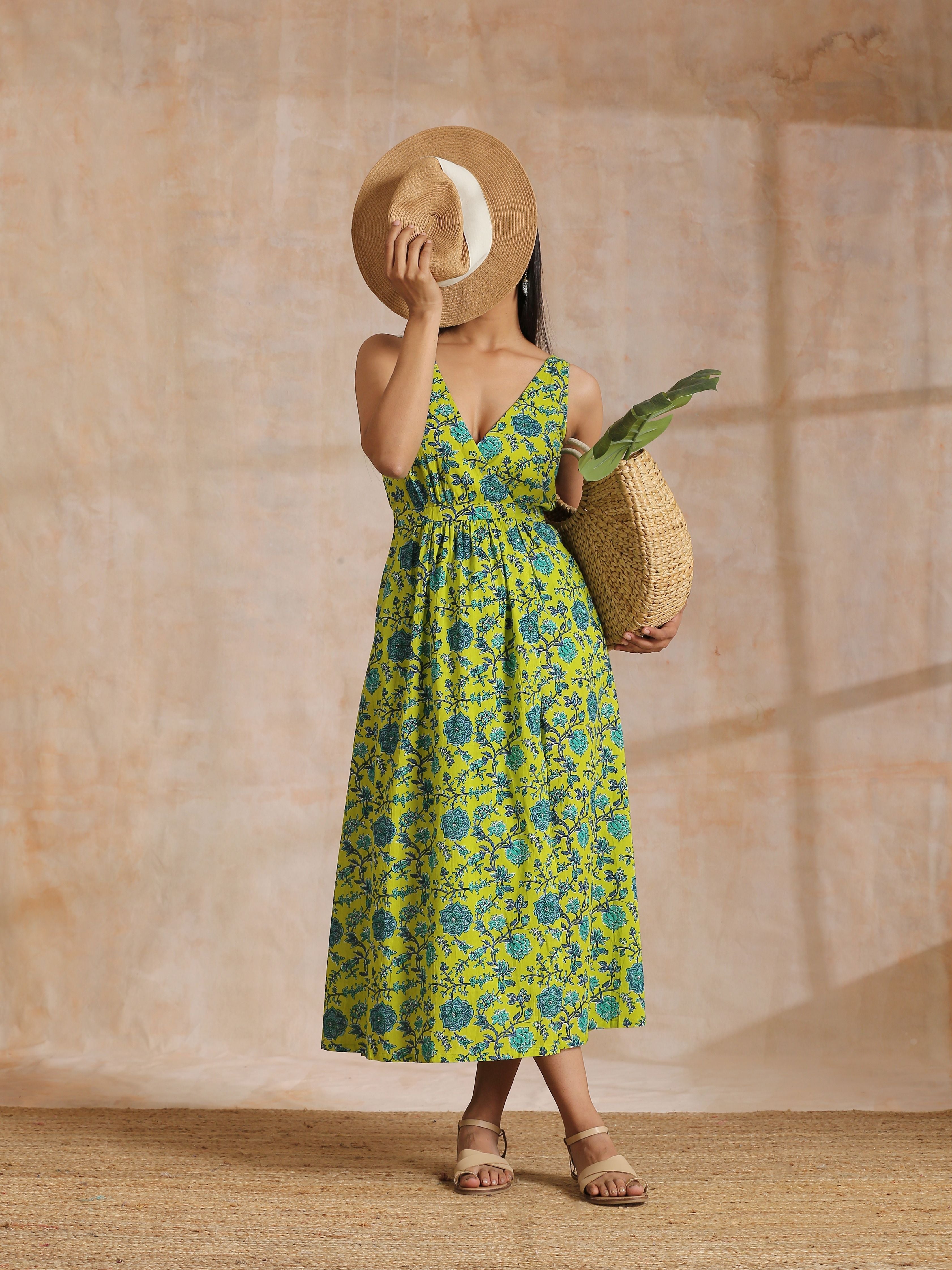 trueBrowns Lime Green Overall Teal Floral Block Print Cotton Sleeveless Wrap Dress