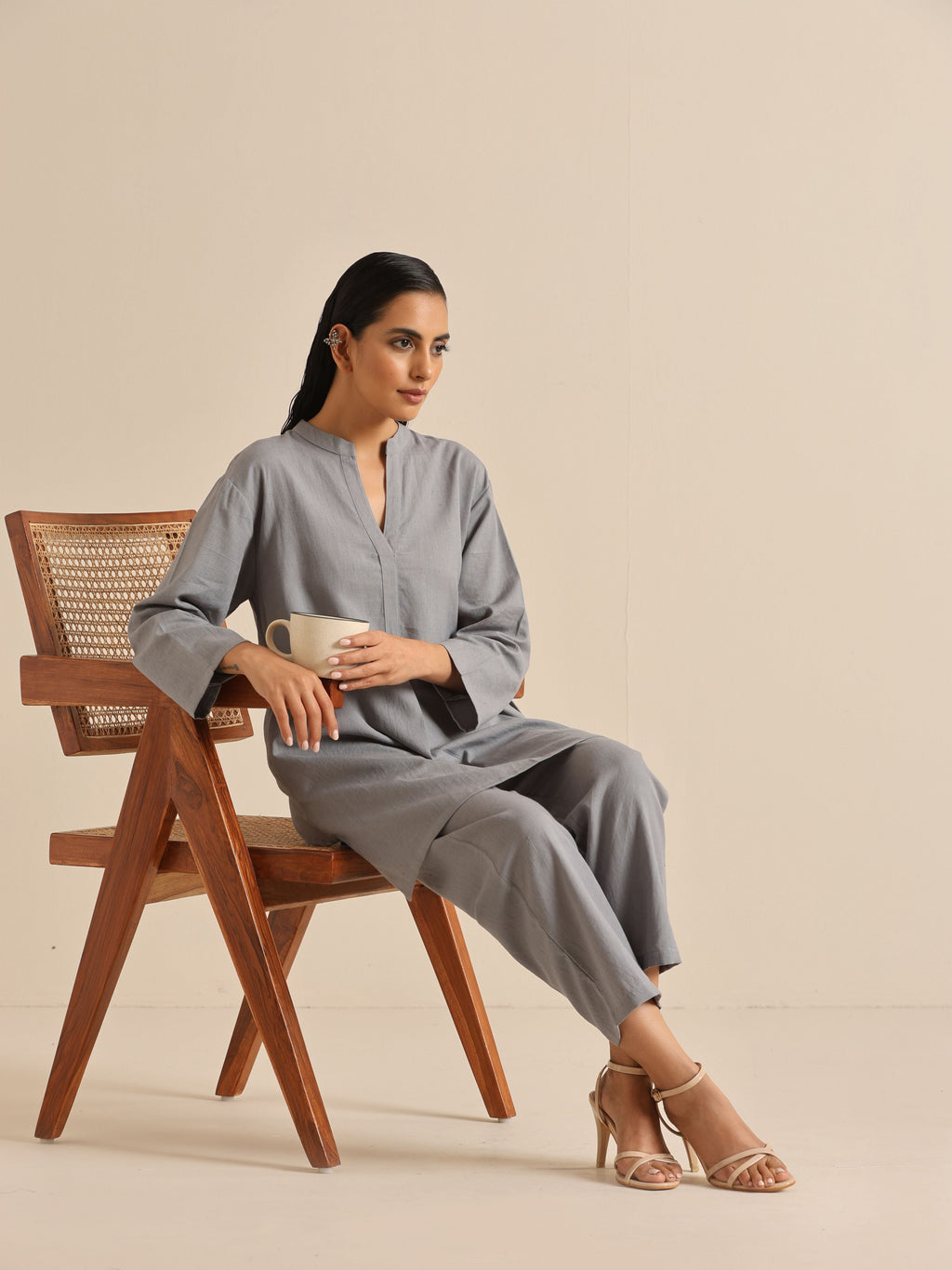 trueBrowns Steel Blue Khadi Relaxed Co-Ord Set