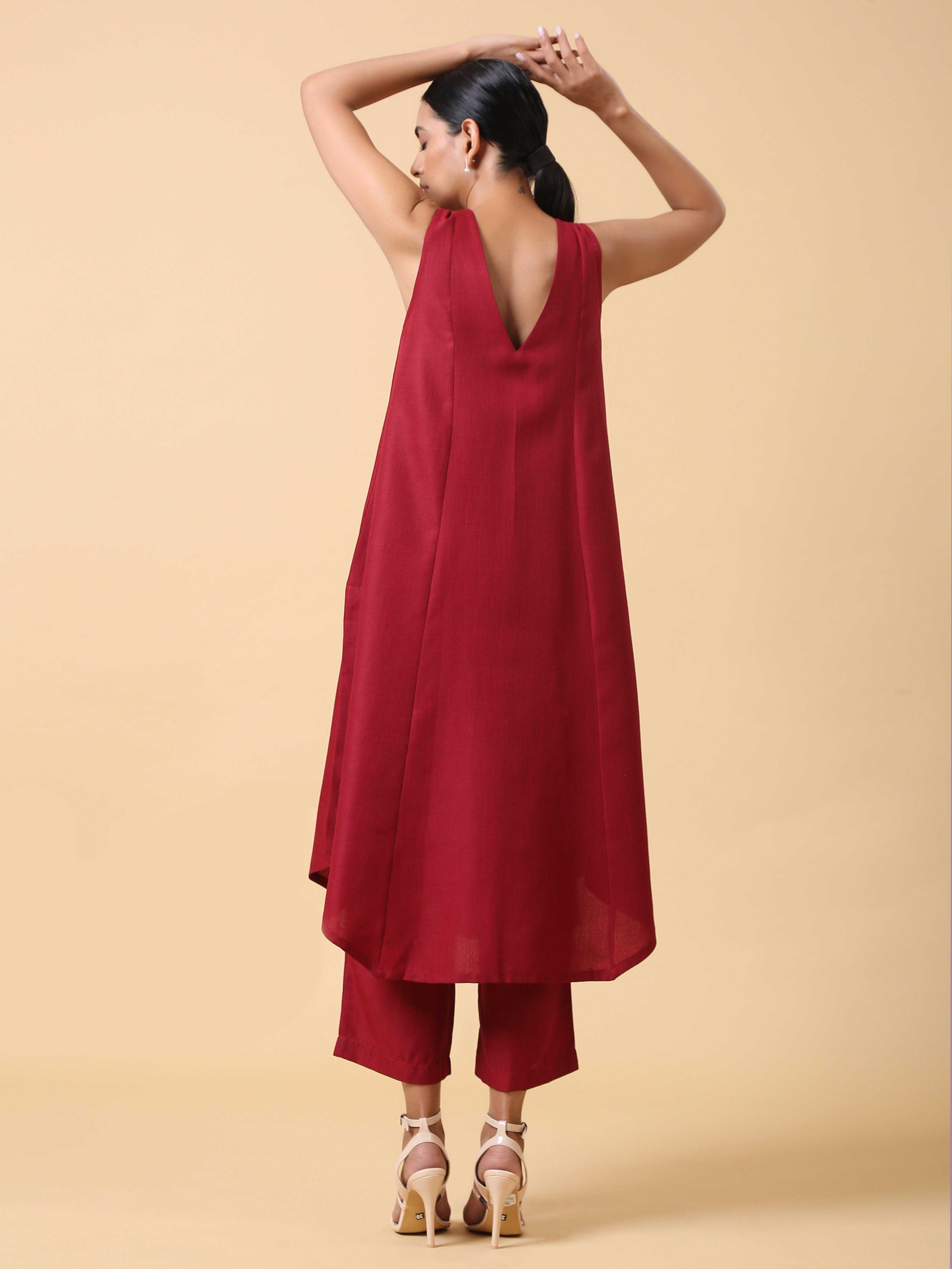 trueBrowns Cotton Linen Maroon Sleeveless Kurta Pant Set