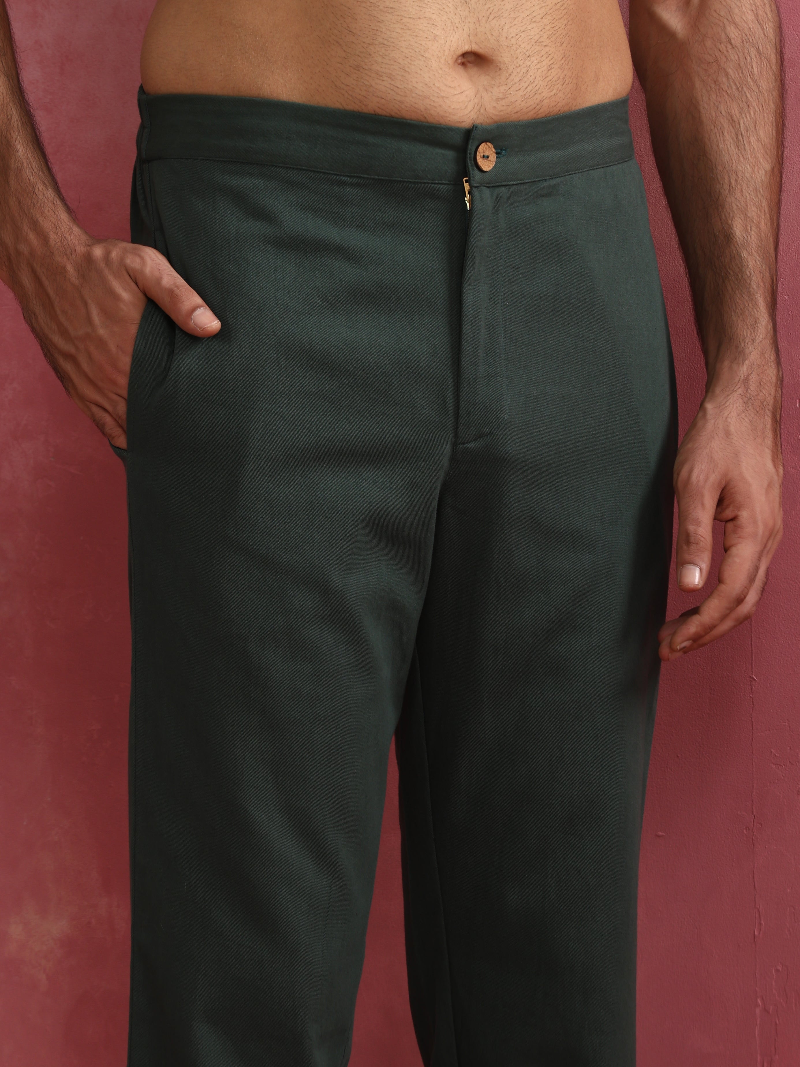 trueBrowns Men's Green Cotton Mandarin Collar Kurta Co-ord set