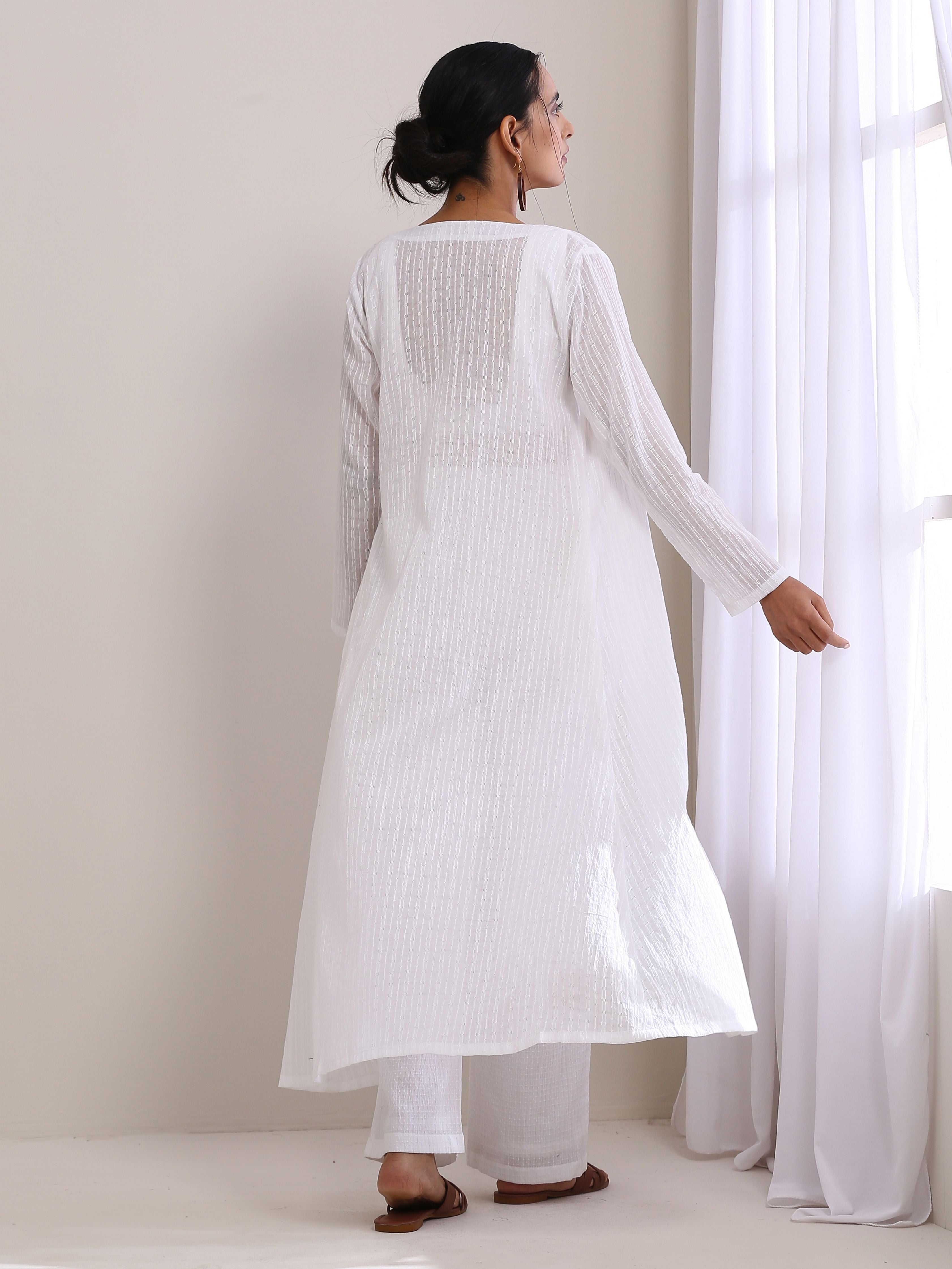 trueBrowns White Dobby Overlay Jacket Blouse Pant Set