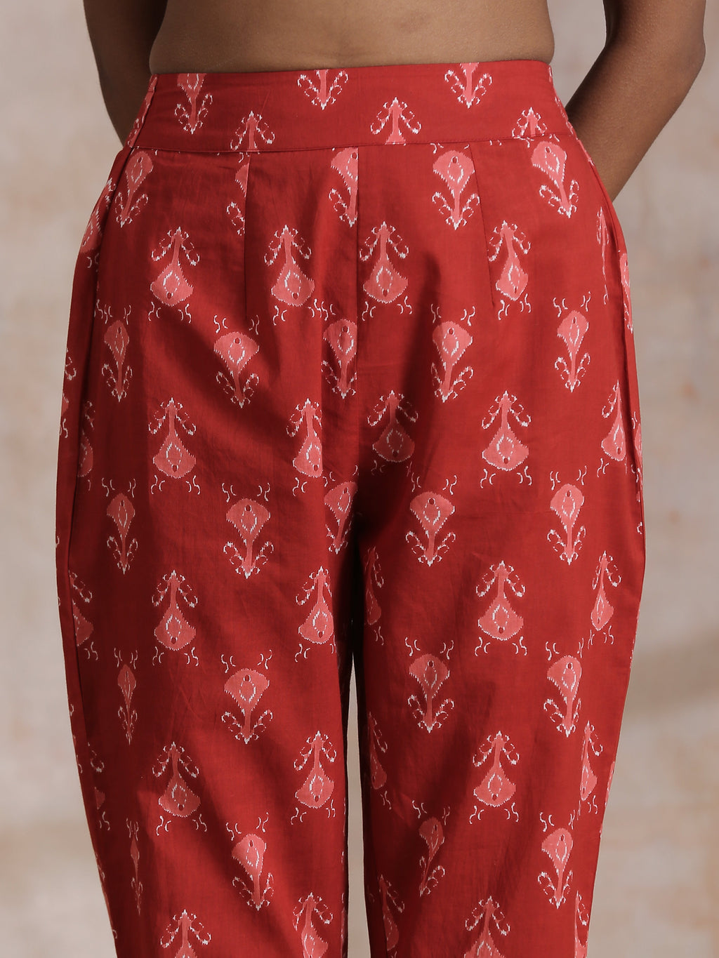 trueBrowns Red On Red Ikat Print Cotton Pant Suit Set