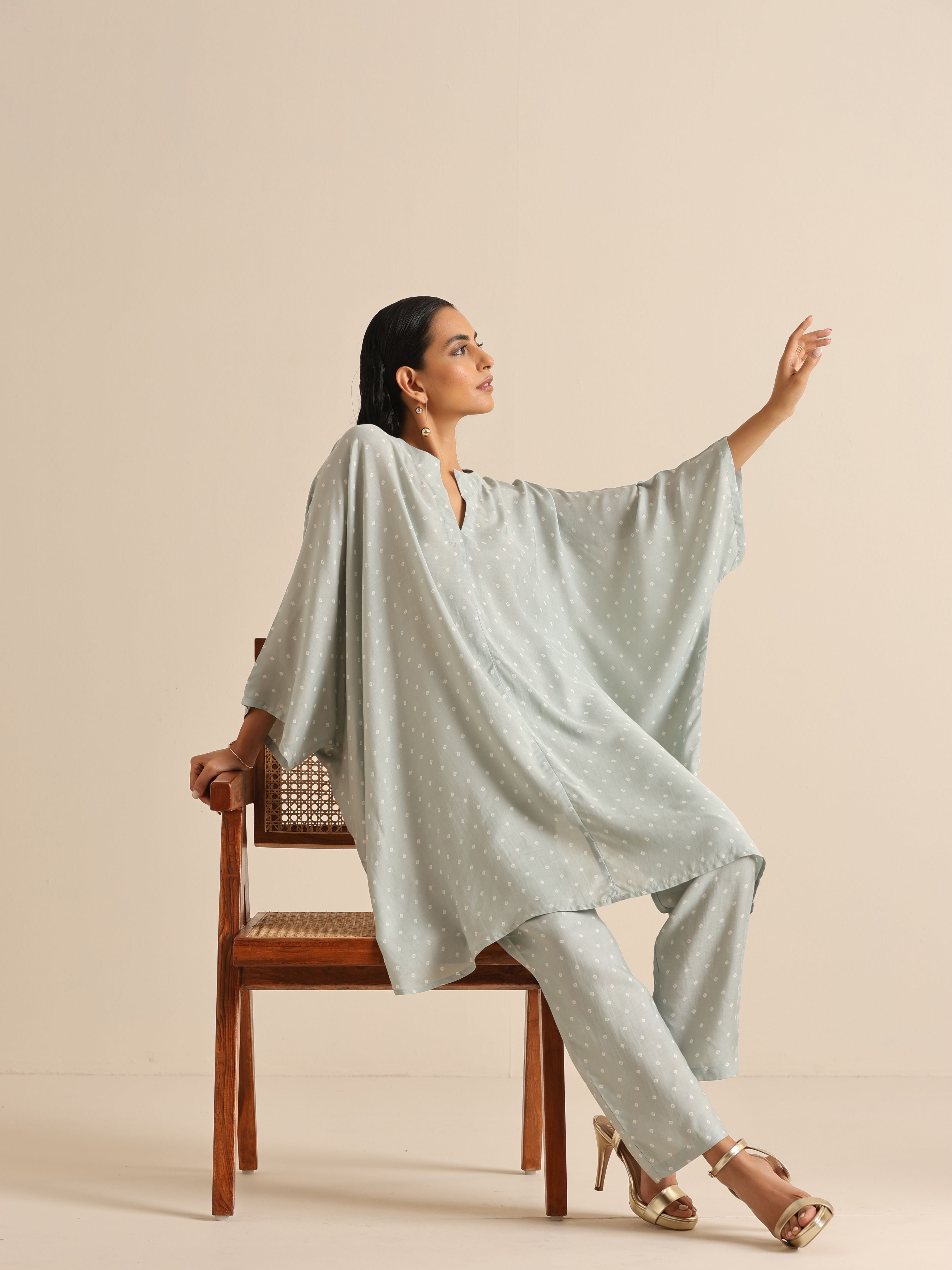 trueBrowns Grey Bandhani Printed Silk Kaftan Co-Ord Set