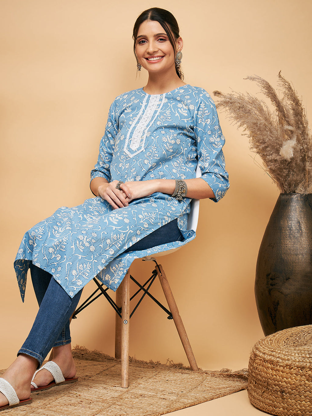 InWeave Women's Powder Blue White Print Lace Straight Kurta