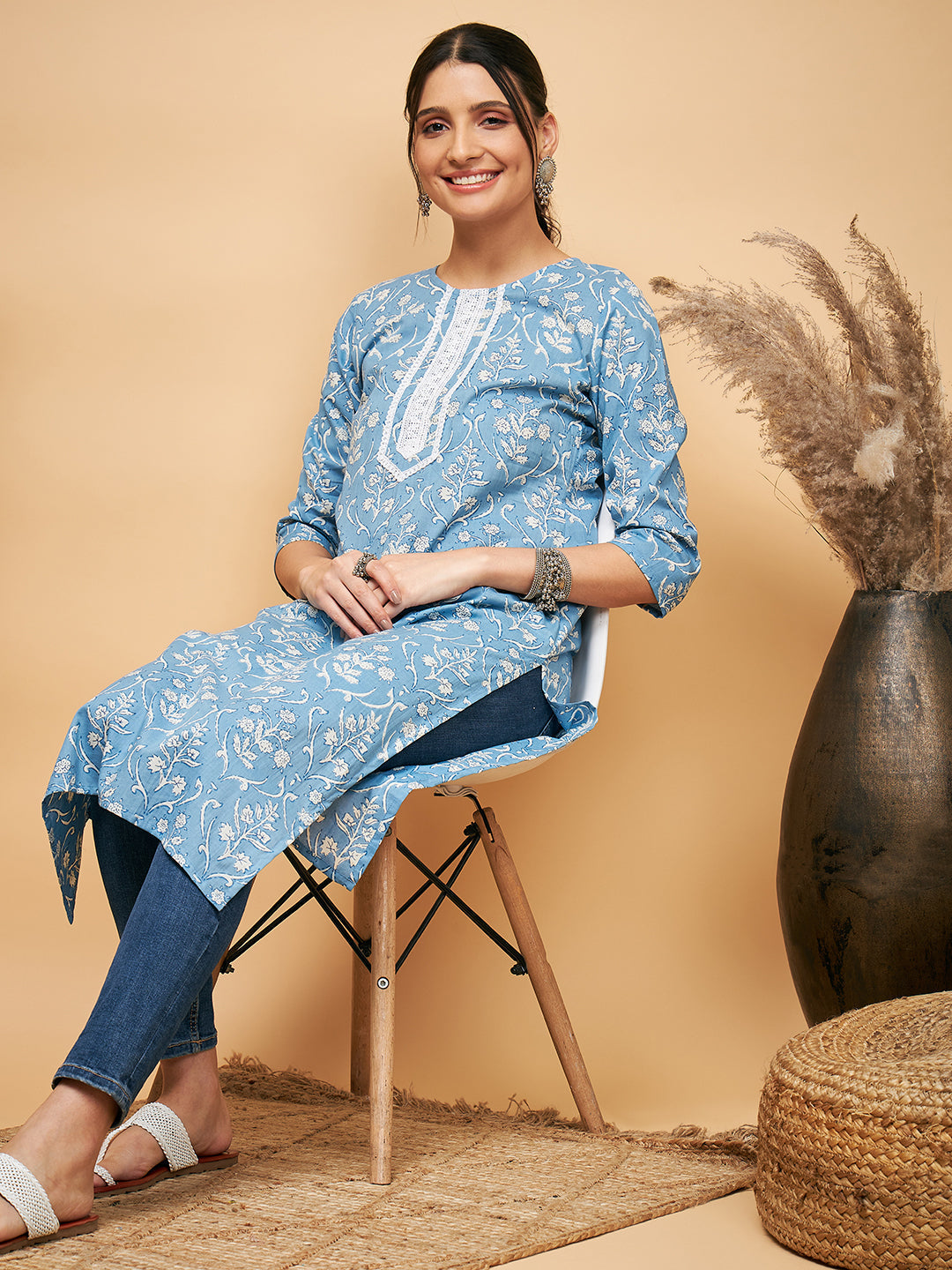 InWeave Women's Powder Blue White Print Lace Straight Kurta