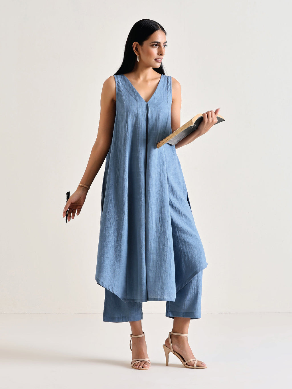 trueBrowns Light Blue Sleeveless Flared Kurta Pant Set