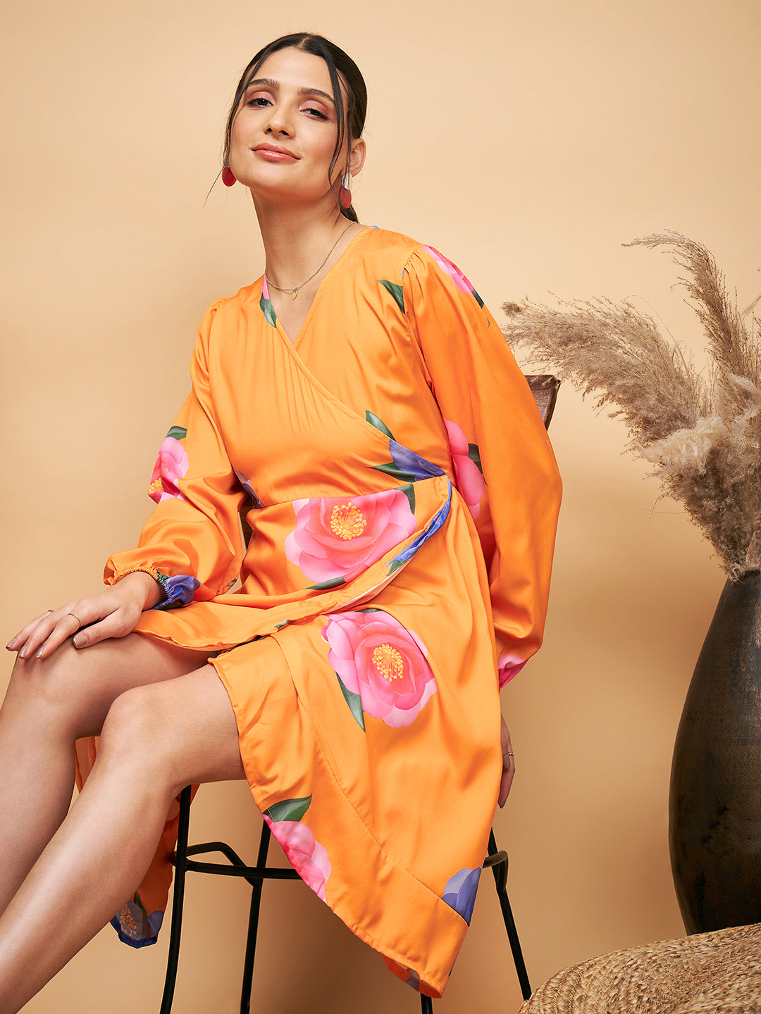 InWeave Women's Haldi Yellow Pink Mauve Flower Belted Dress