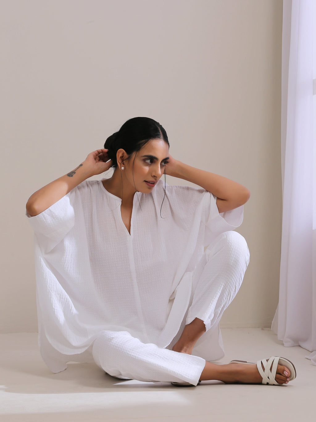 trueBrowns White Dobby Boxy Fit High Low Co-Ord Set