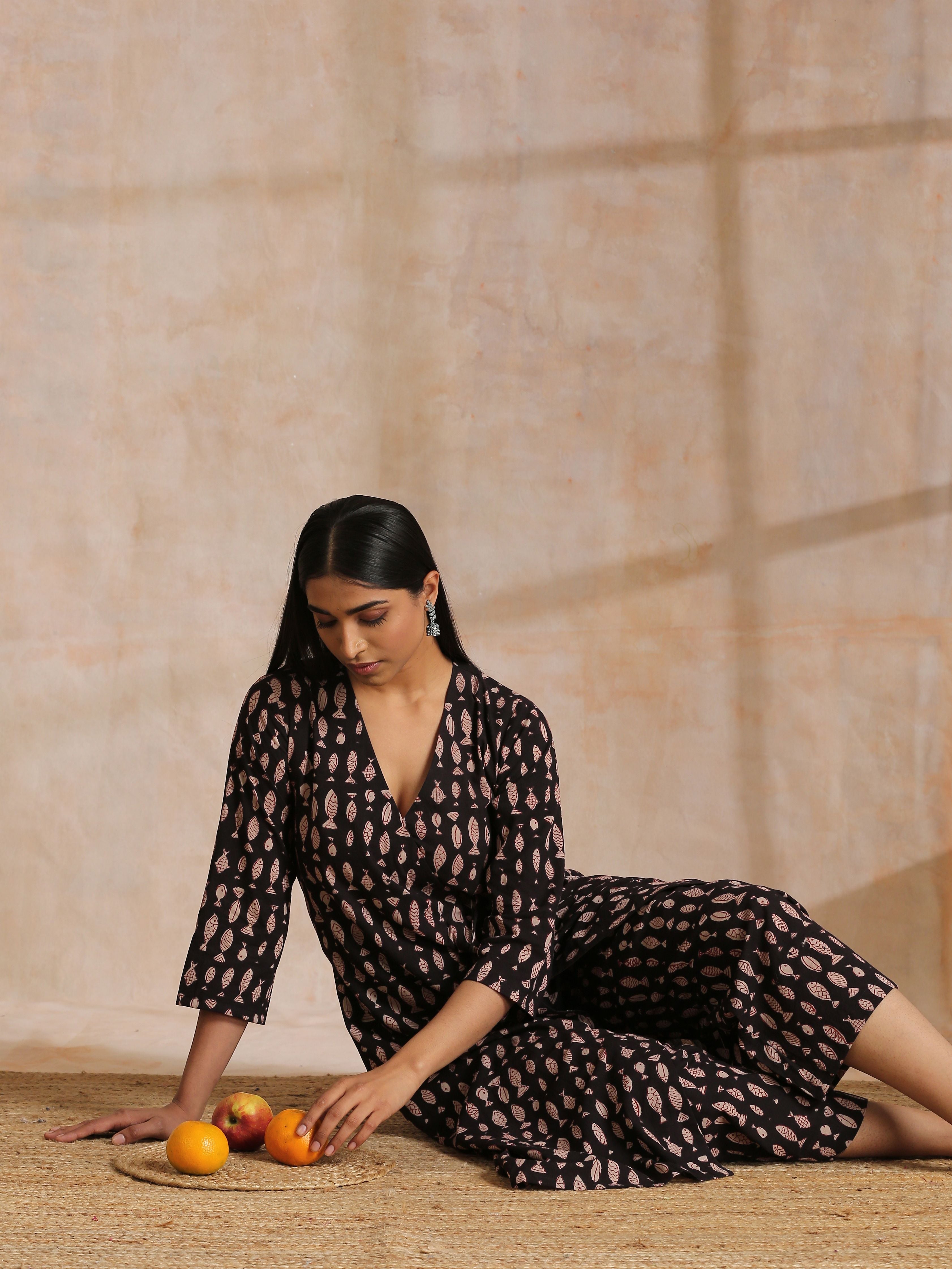 trueBrowns Black Fish Bagru Print Cotton Angrakha Pant Set
