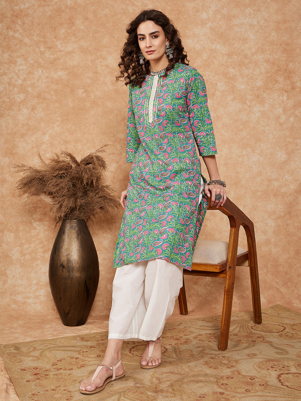 InWeave Women's Sea Green Pink Lace Gota Work Straight Kurta