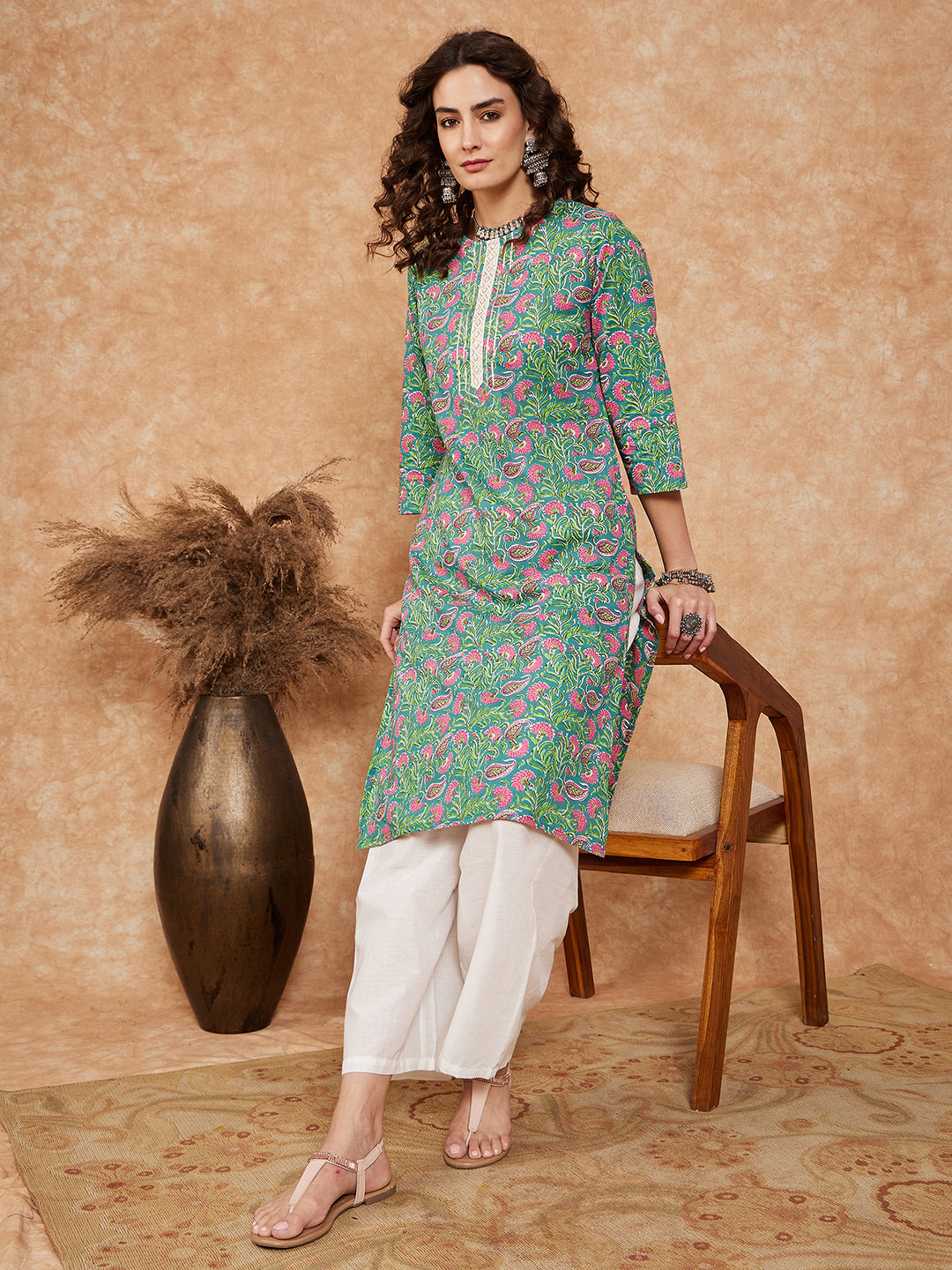 InWeave Women's Sea Green Pink Lace Gota Work Straight Kurta