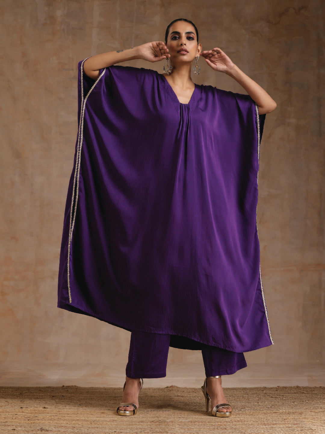 trueBrowns Violet Modal Satin Kaftan Kurta Set
