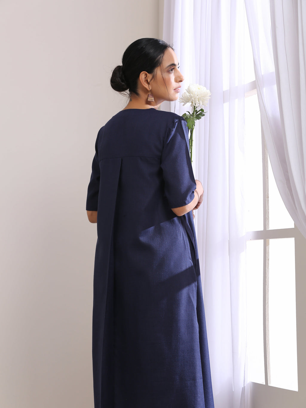 trueBrowns Blue Slub High Slit Kurta Pant Set