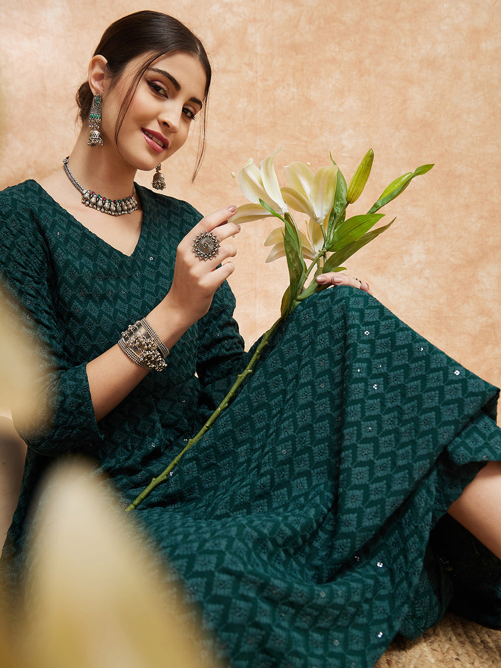 InWeave Women's Forest Green Chikankari Long Anarkali Kurta Sharara Set