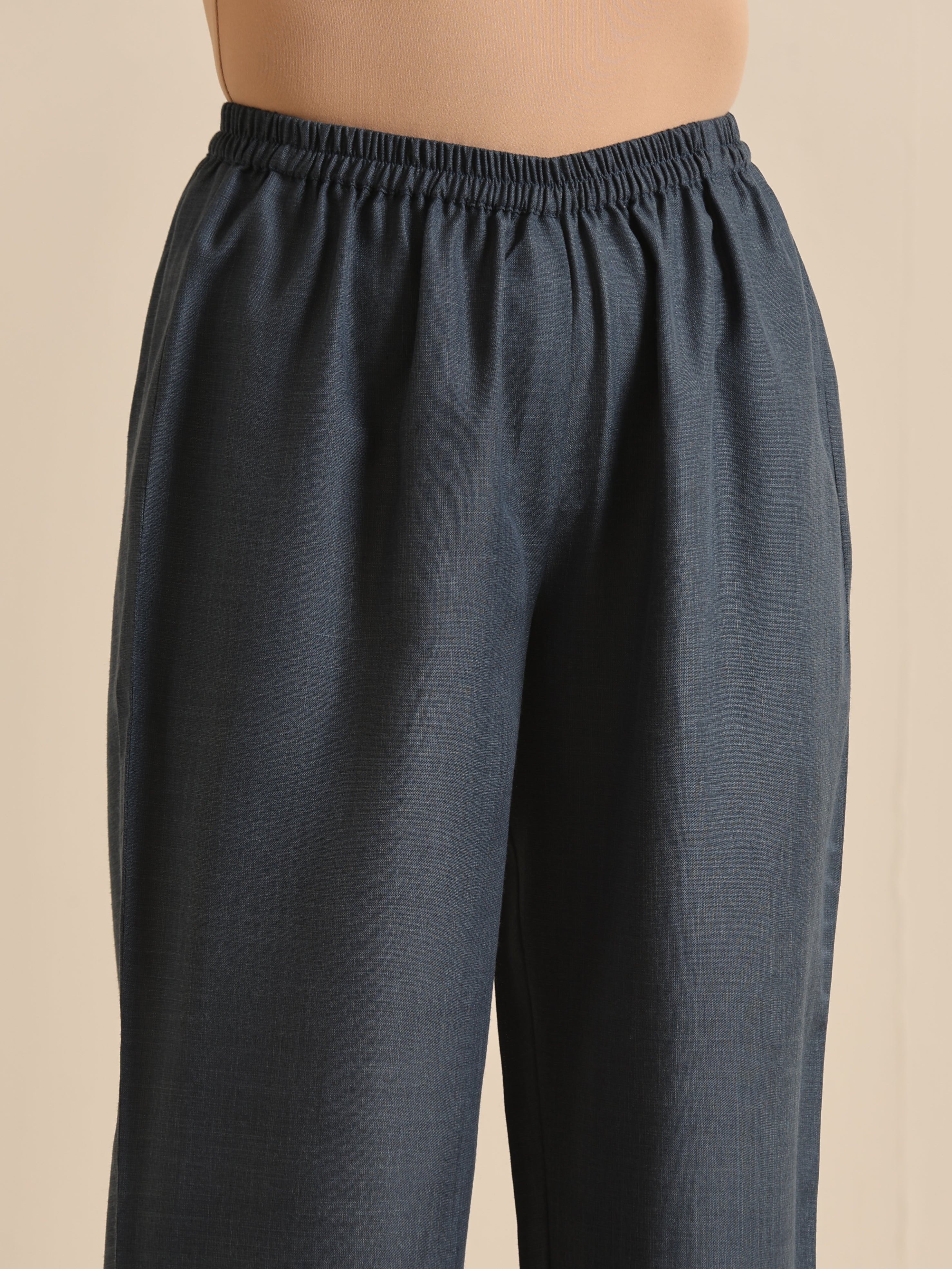 trueBrowns Light Blue Slub Gathered Kurta Pant Set
