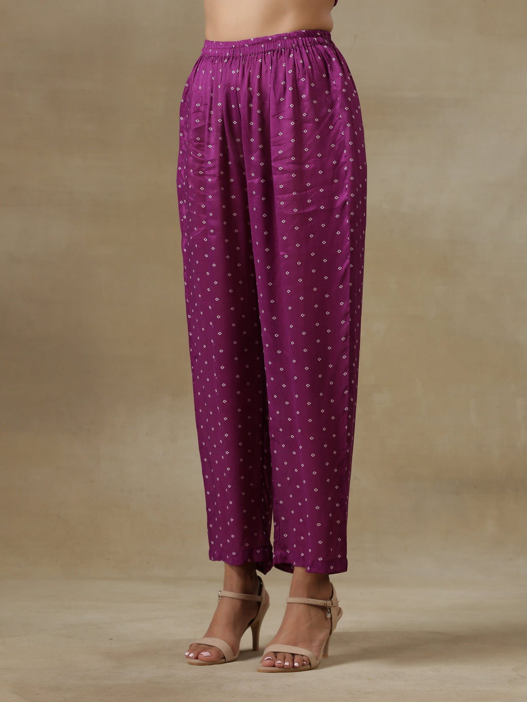 trueBrowns Purple Bandhani Printed Silk Drop Shoulder Kurta Pant Set