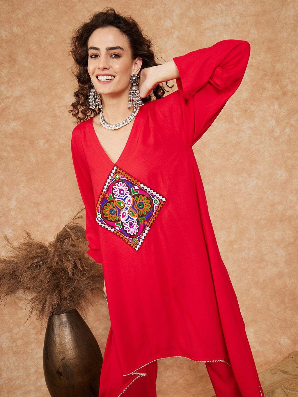 InWeave Women's Red Square Maroon Patch Work Assymentrical Kurta Set