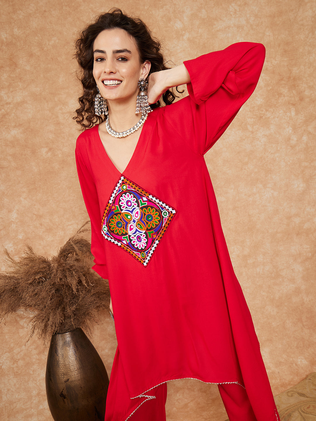 InWeave Women's Red Square Maroon Patch Work Assymentrical Kurta Set