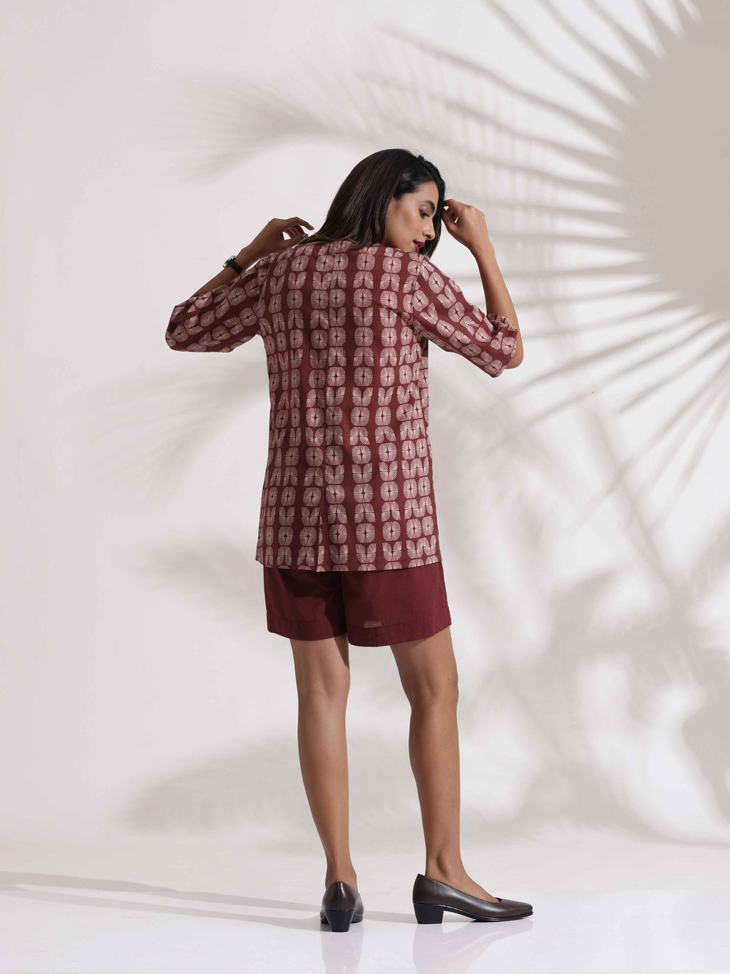 trueBrowns Brown Cotton Print Jacket Top & Short Co-ord Set