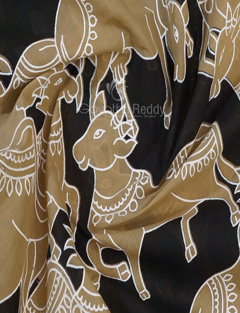 Black And Khaki Combo Colour Pichwai Print Crocia Mulmul Cotton Saree By Gayathri Reddy Designer Studio