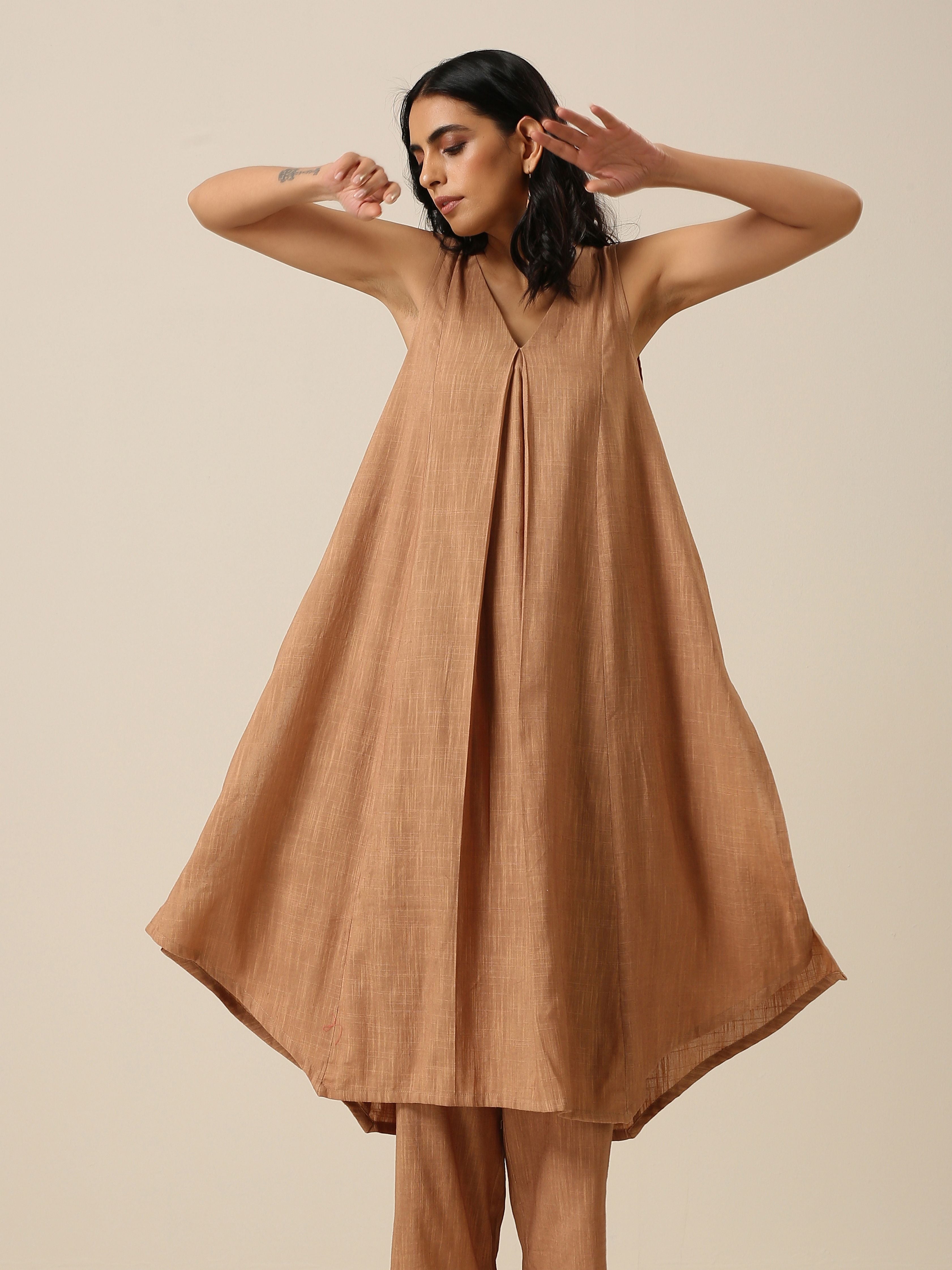 trueBrowns Beige Slub Texture Sleeveless Flared Kurta Pant Set