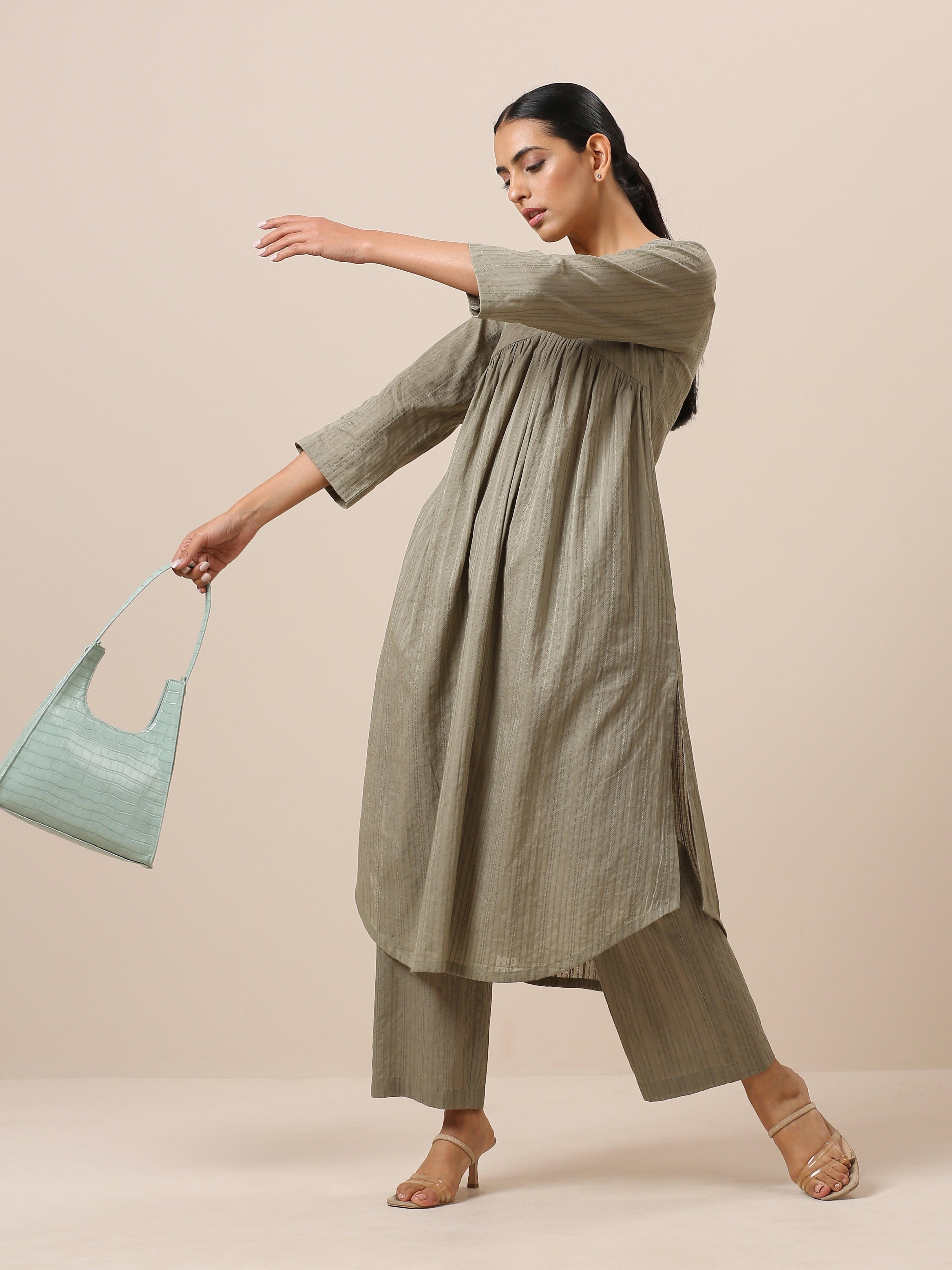 trueBrowns Cotton Olive Green Flared Slit Kurta Pant Set