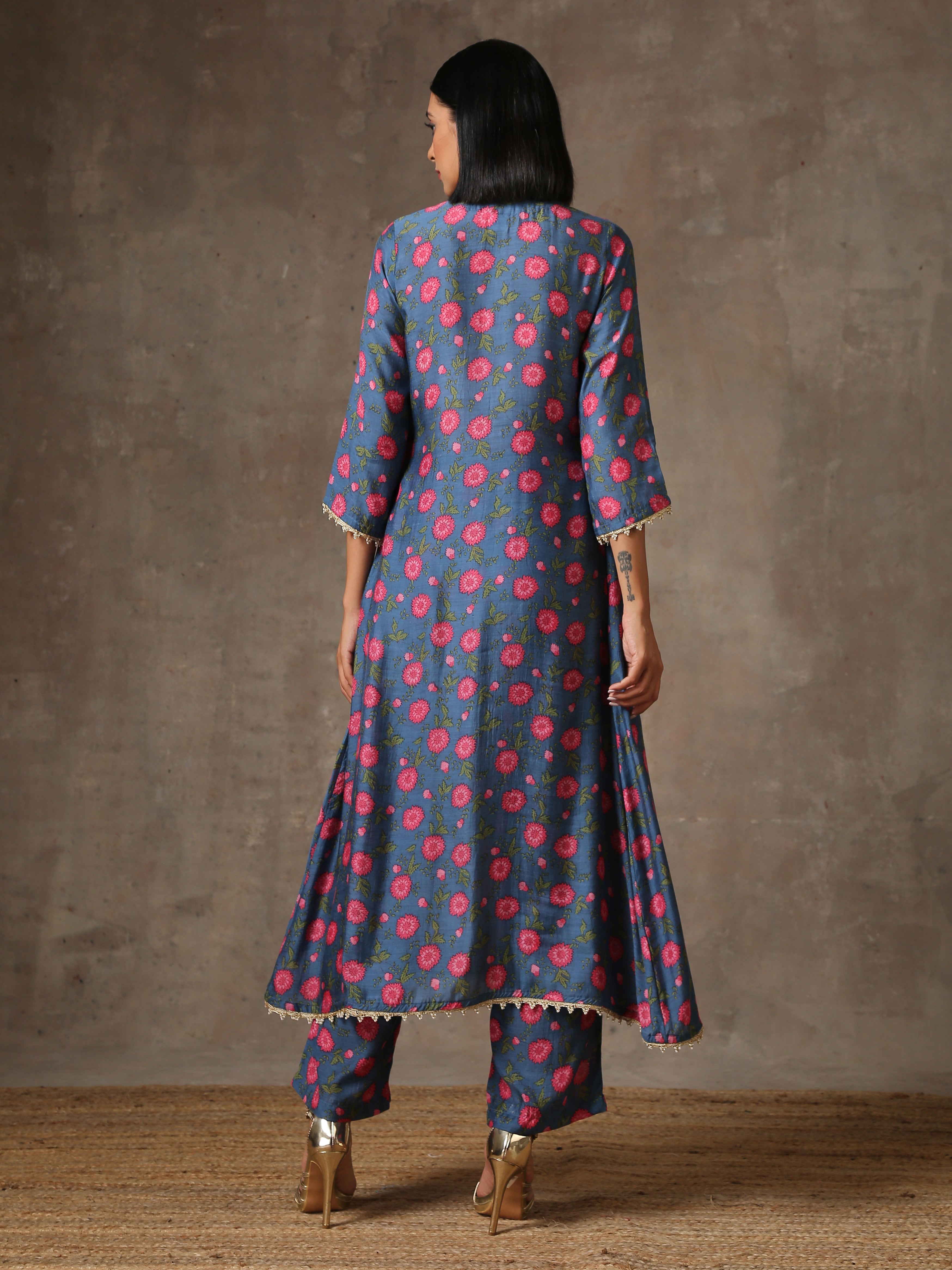 trueBrowns Blue Pink Printed Silk Kurta Pant Set