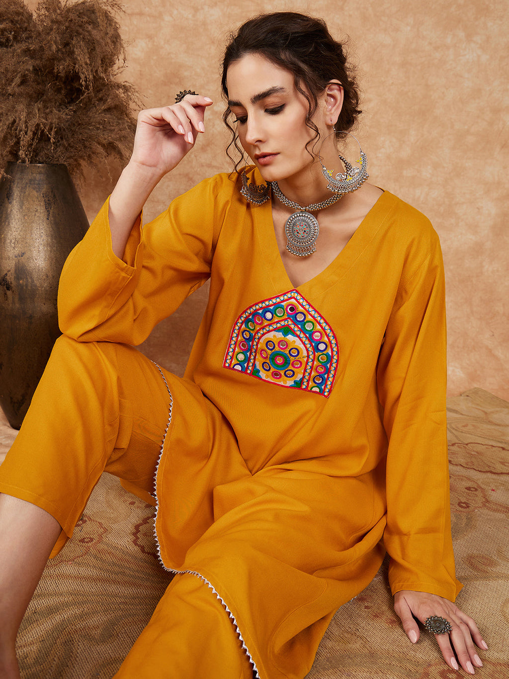 InWeave Women's Mustard Trangle Yellow Patch Work Assymentrical Kurta Set