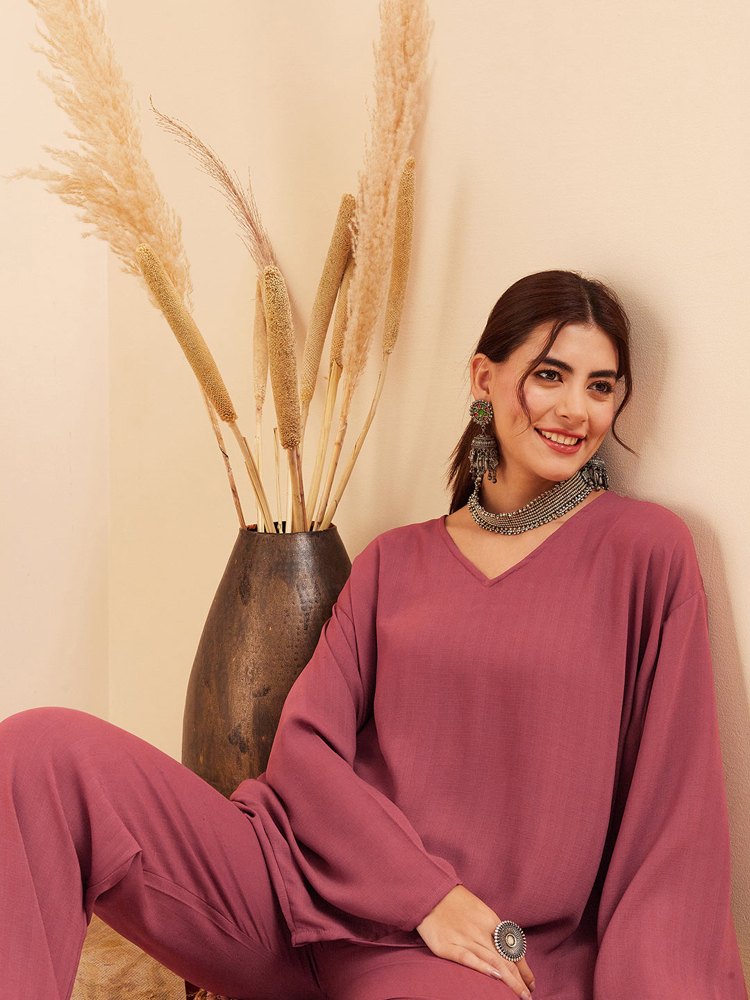 InWeave Women's Light Brown Full Sleeve Boho Top Bottom Set