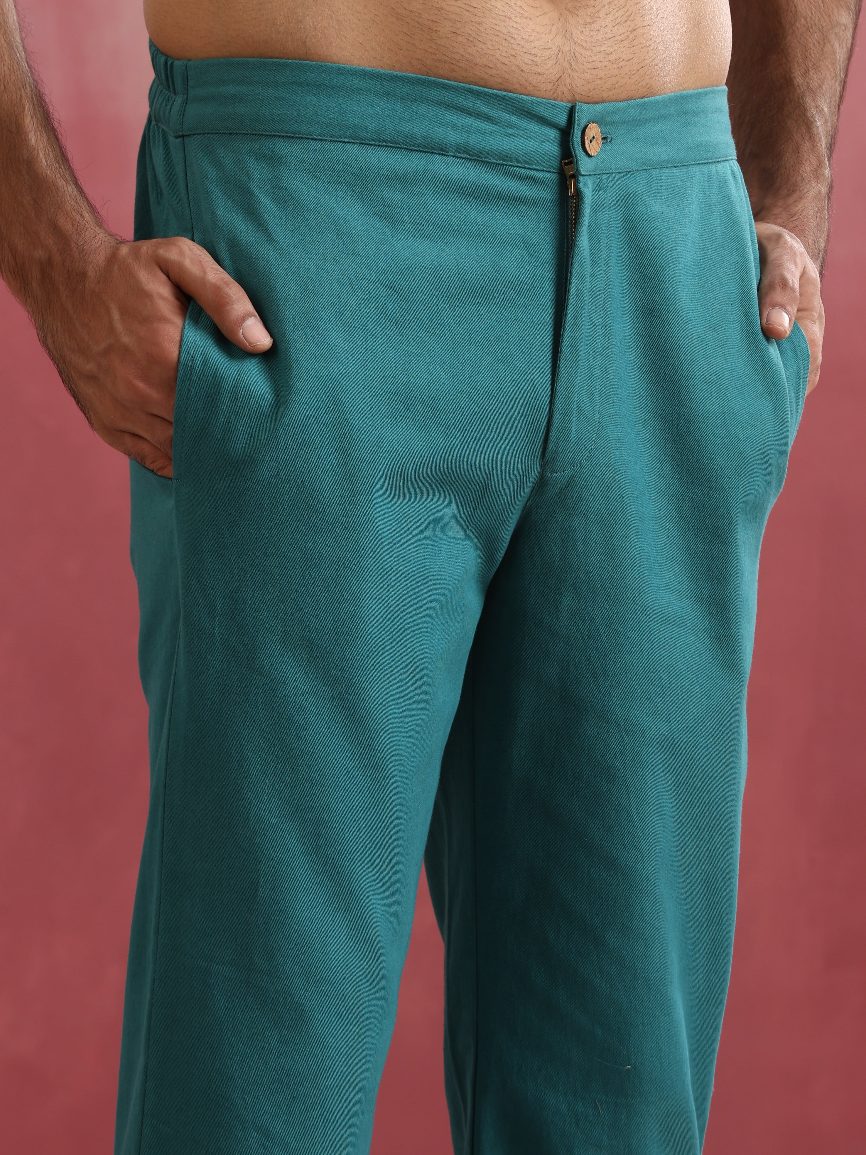 trueBrowns Men's Teal Cotton Shirt Collar Stylized Kurta Co-ord set