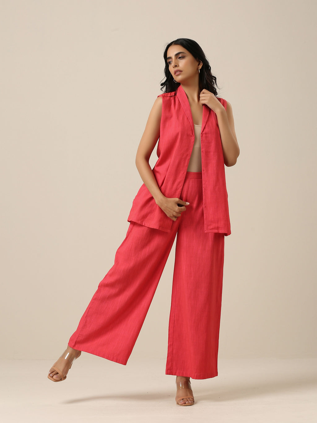 trueBrowns Bright Pink Slub Texture Sleevesless Jacket Pant Set